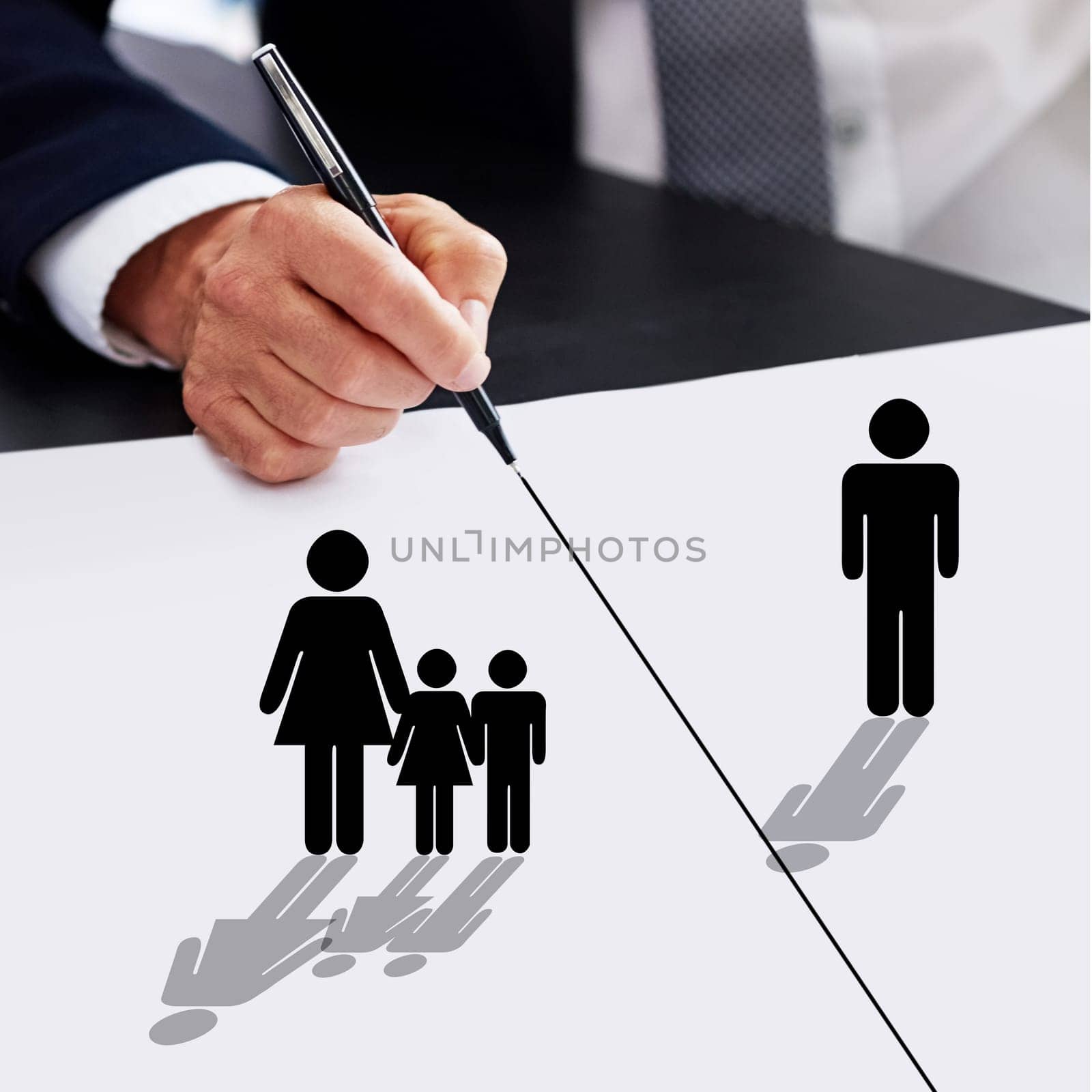 Hands, lawyer and drawing on paper for divorce, separation and breakup of family with illustration icons. Judge, legal and attorney on document with pen for line, custody or father lose children.