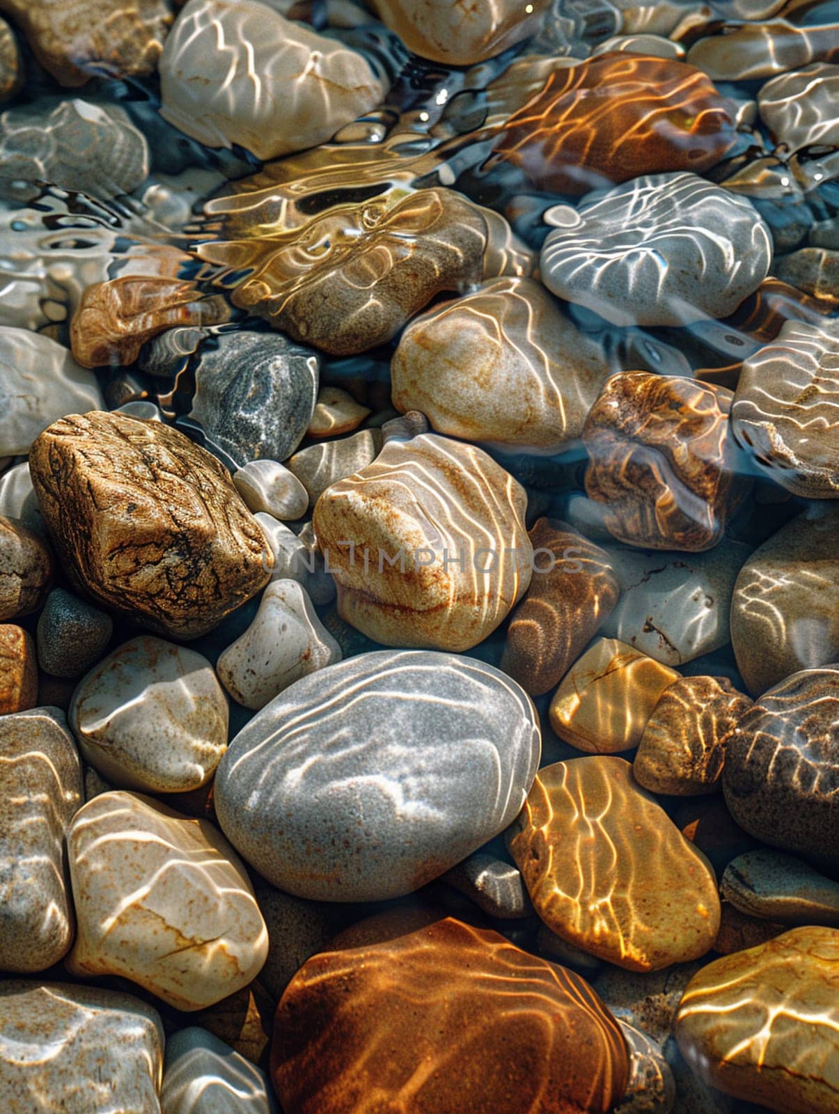 Smooth pebbles under clear stream water, for peaceful and zen-like designs.