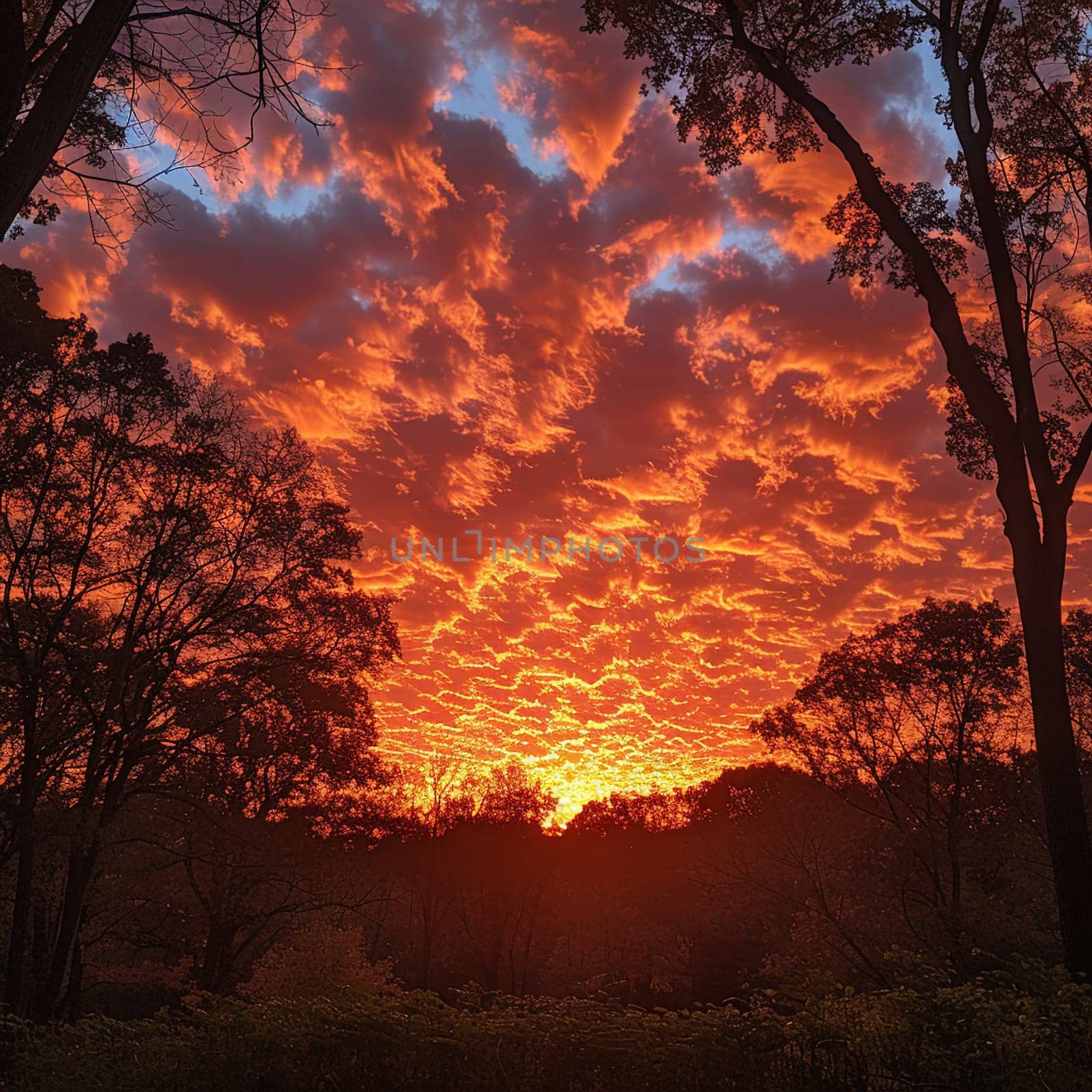 The fiery glow of a sunset behind a silhouette of trees by Benzoix