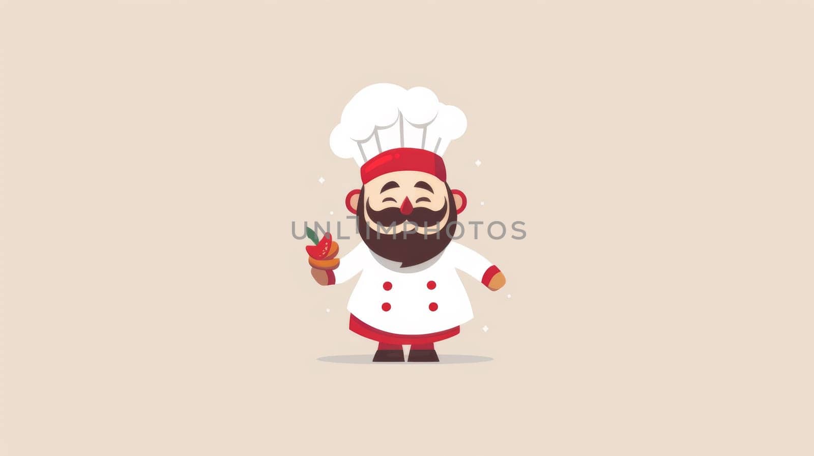 A cartoon chef holding a pepper in his hand