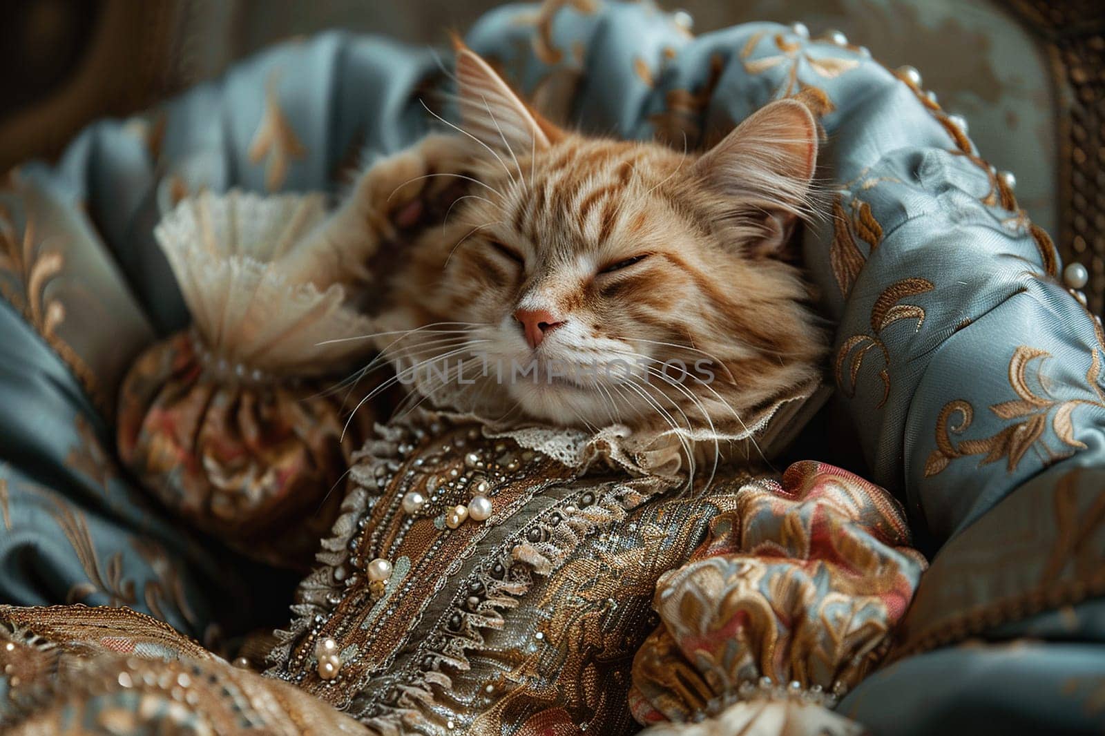 A cat in a vintage Renaissance dress lies on the sofa. Luxury and idleness concept. Generated by artificial intelligence by Vovmar