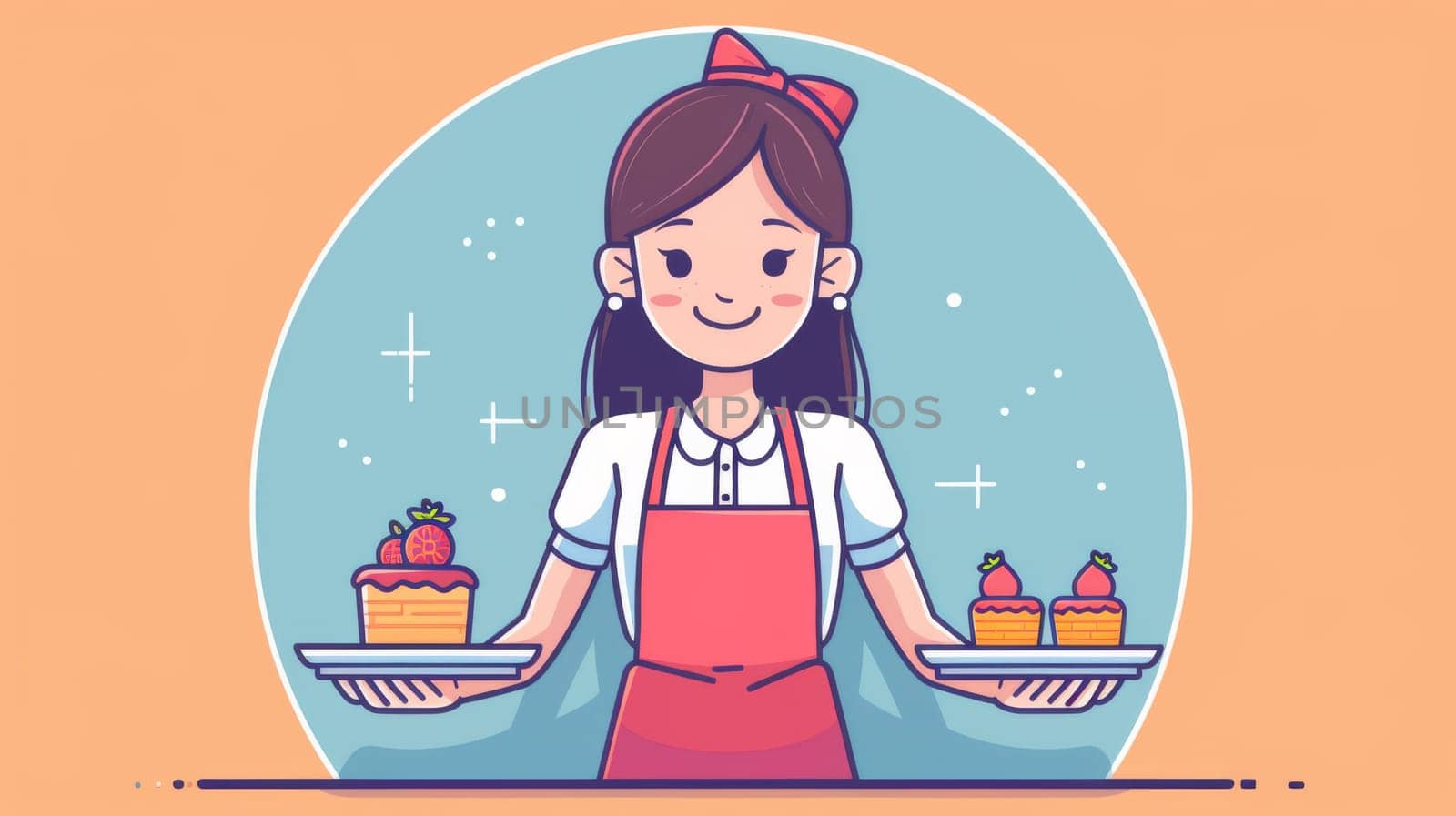 A cartoon girl with apron holding two trays of food