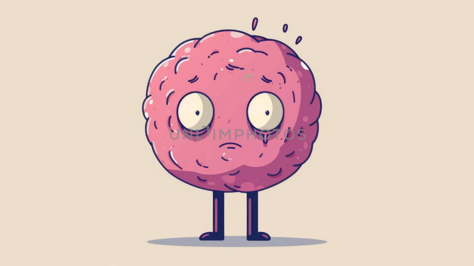 A cartoon brain with eyes and mouth standing on a beige background