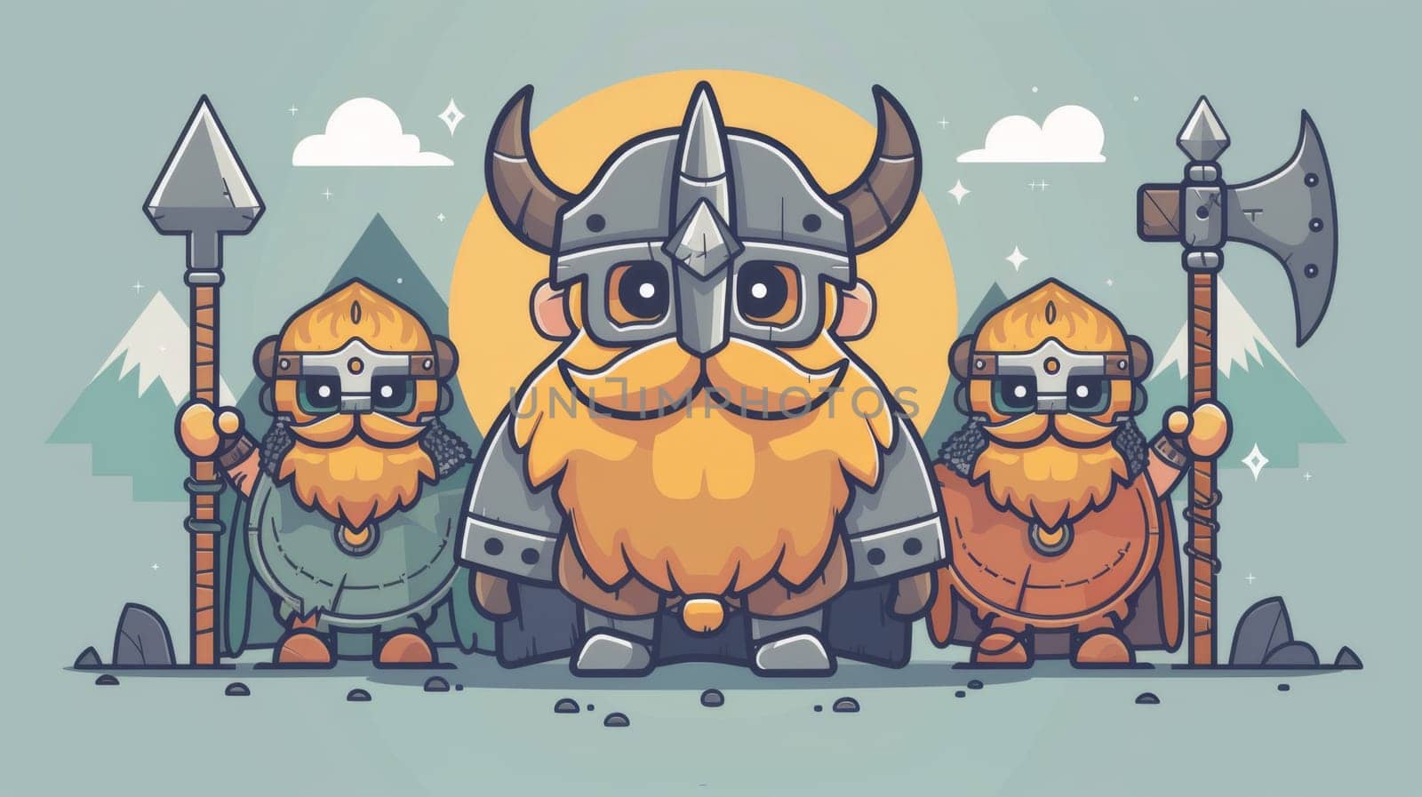 A cartoon illustration of three viking men with axes, AI by starush