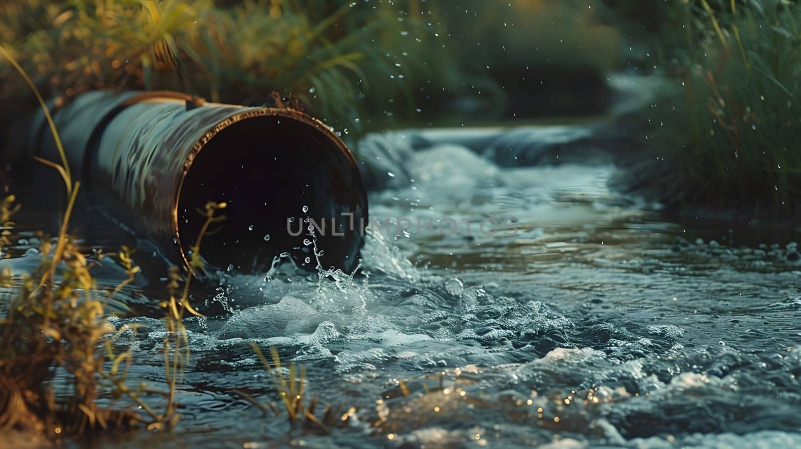 A pipe emerges from flowing water in a natural landscape by Nadtochiy