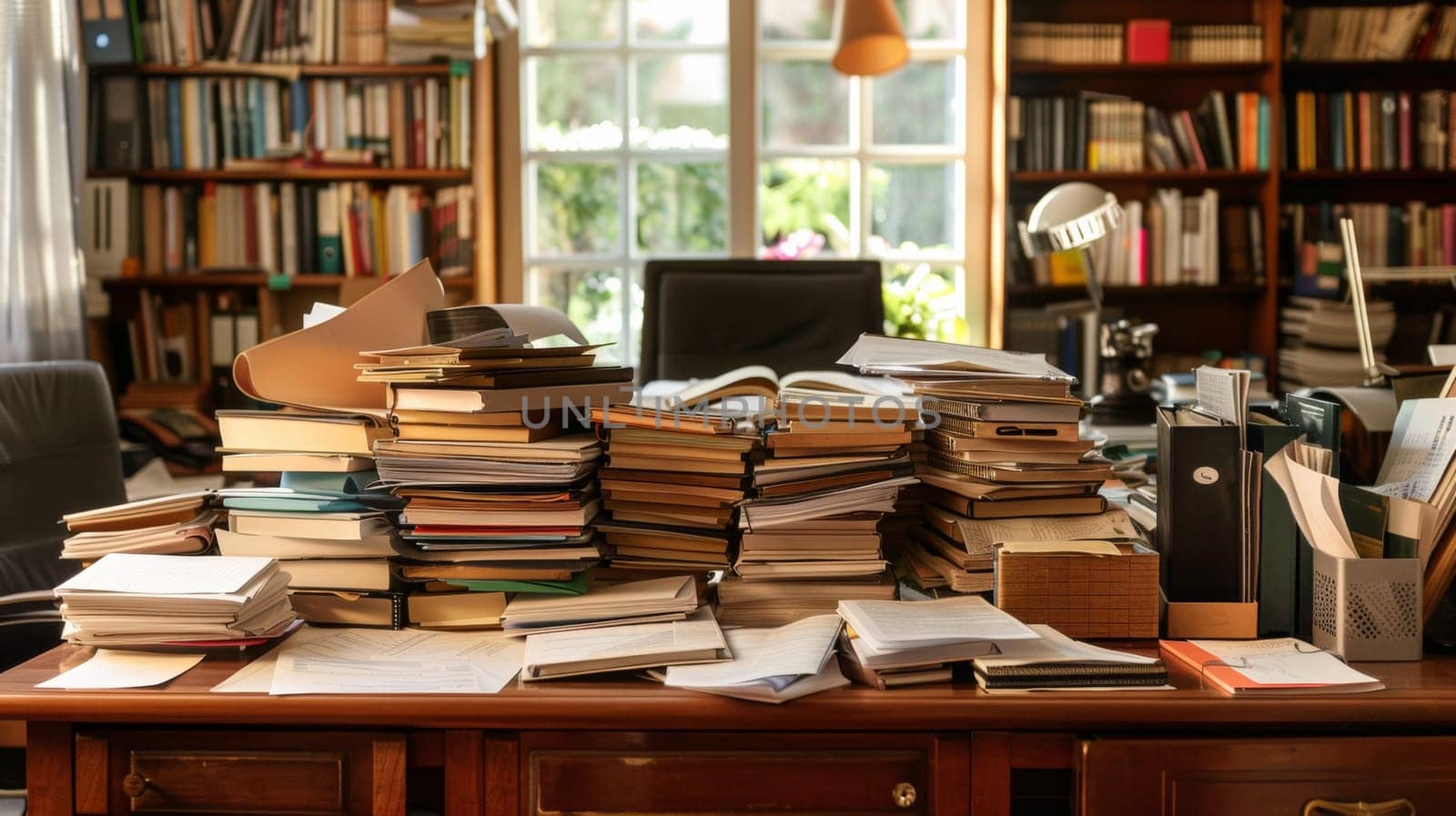 A pile of books on a desk in front of an open window, AI by starush