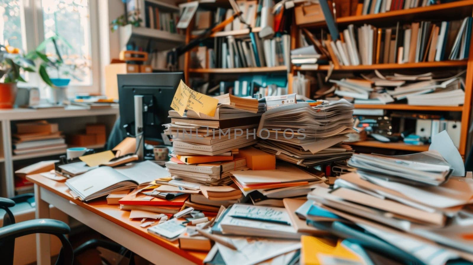 A pile of books and papers on a desk in front of a window