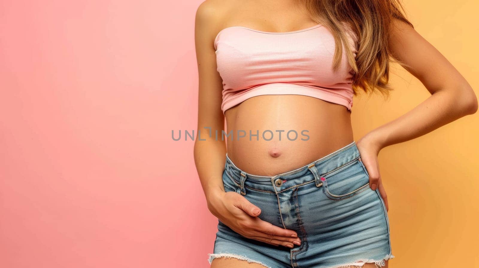 A pregnant woman in a pink top and denim shorts