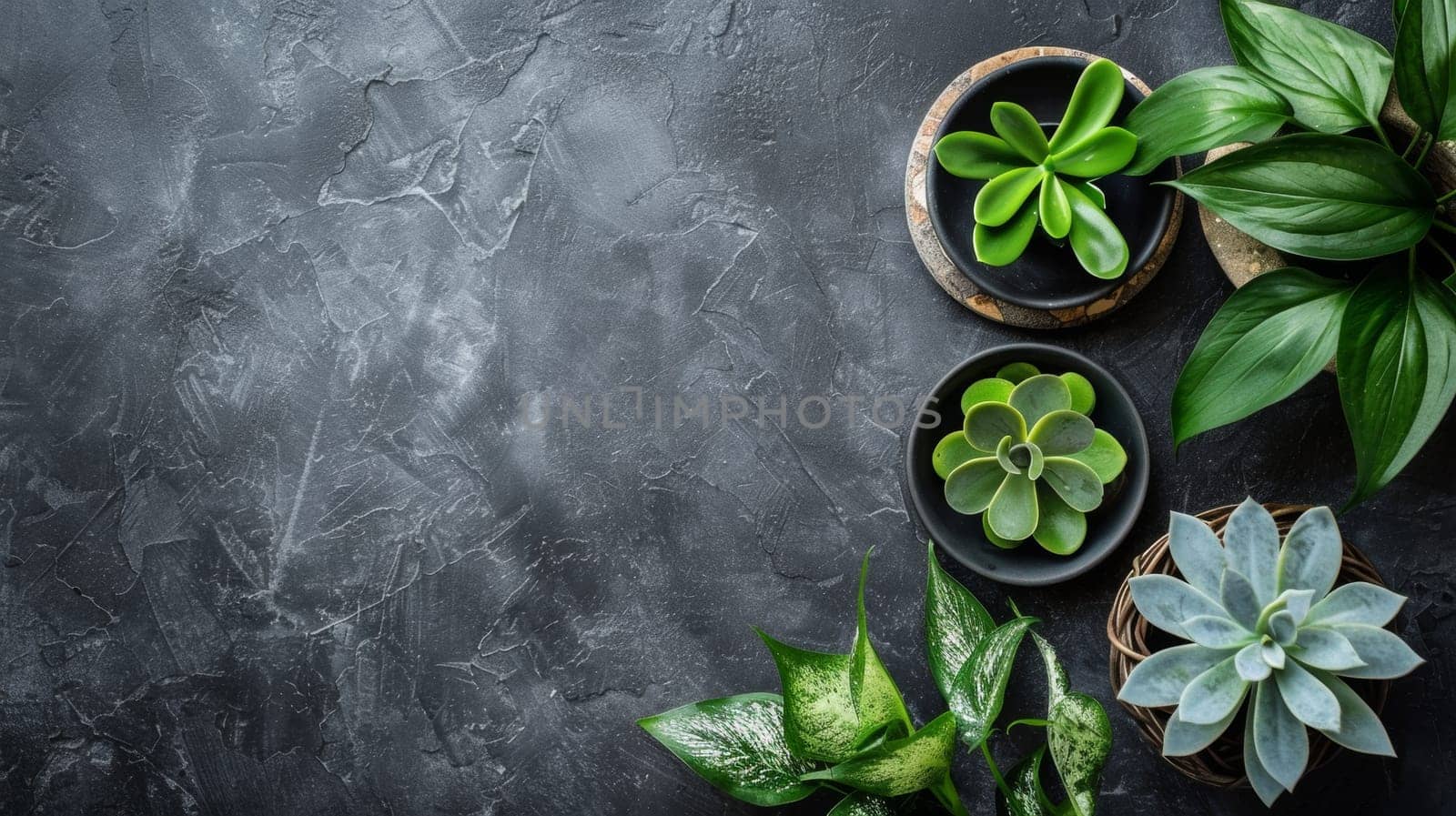 A group of plants in black bowls on a gray surface