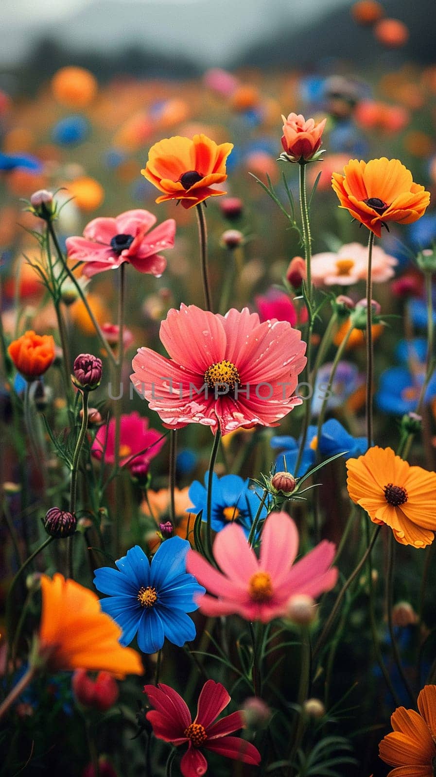 A field blanketed in wildflowers, bursting with color, symbolizing growth and vitality.
