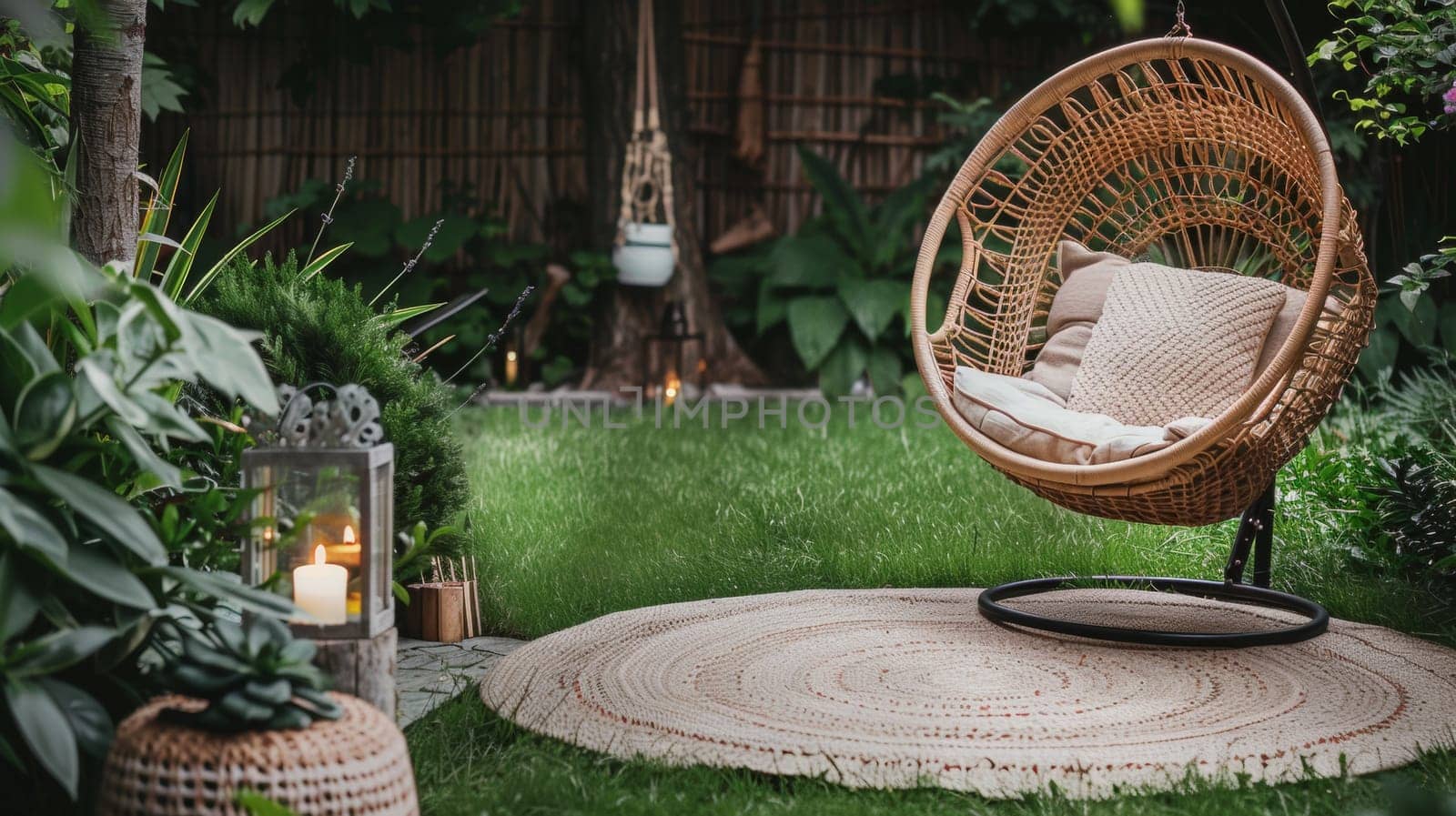 A hanging chair in a lush garden with candles and plants