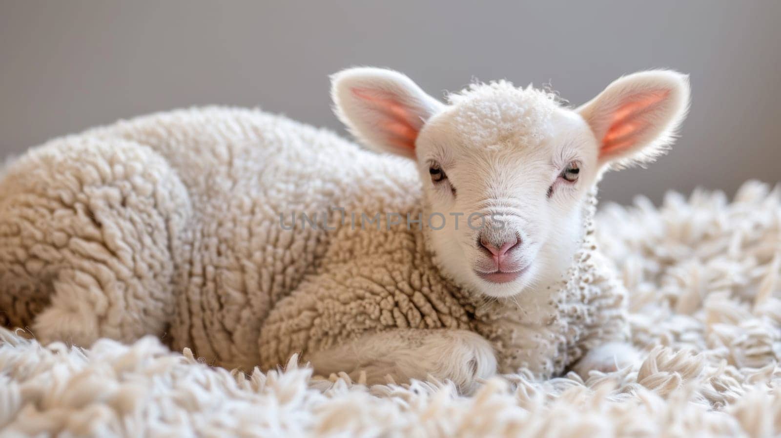 A baby lamb laying on a white rug with its eyes closed, AI by starush