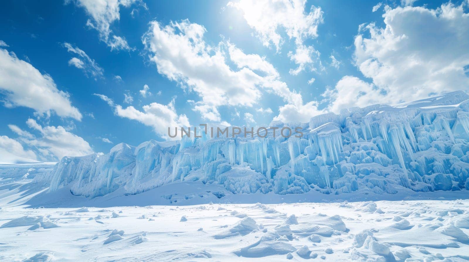 A large snow covered mountain with a blue sky in the background, AI by starush