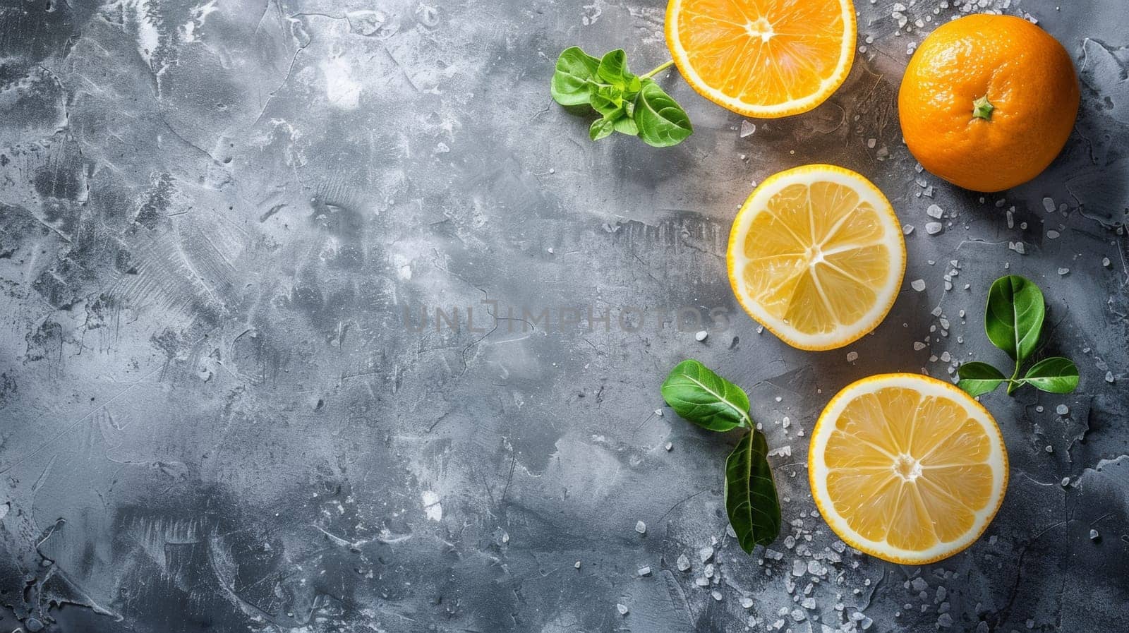 Three oranges and leaves on a gray surface with some water