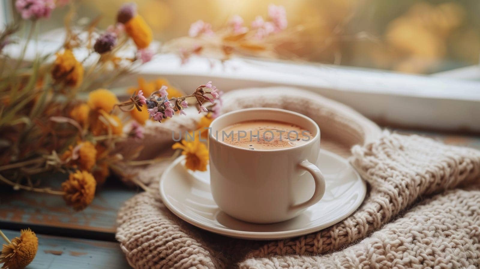 A cup of coffee on a plate next to flowers