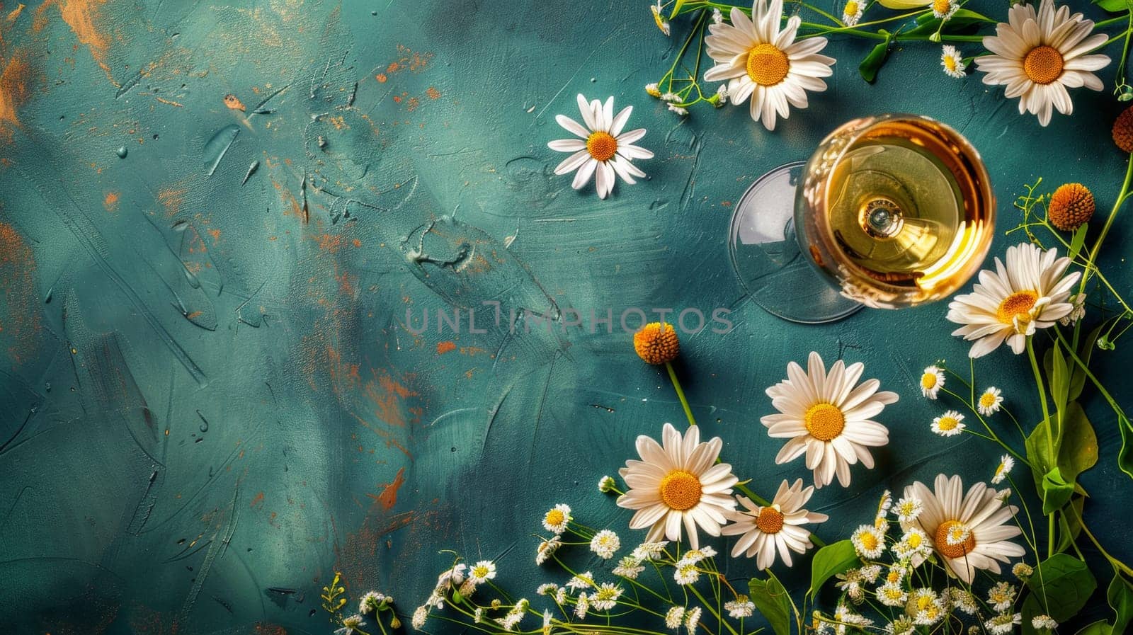 A close up of a glass with flowers and leaves on the table, AI by starush