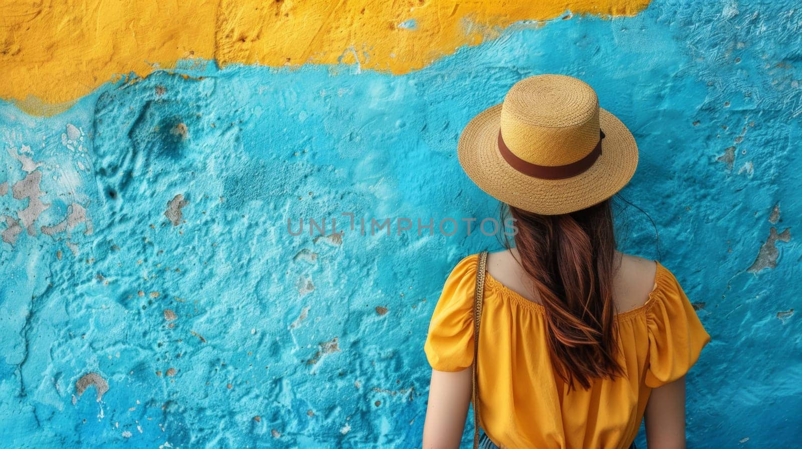 A woman in a yellow dress and hat looking at the wall