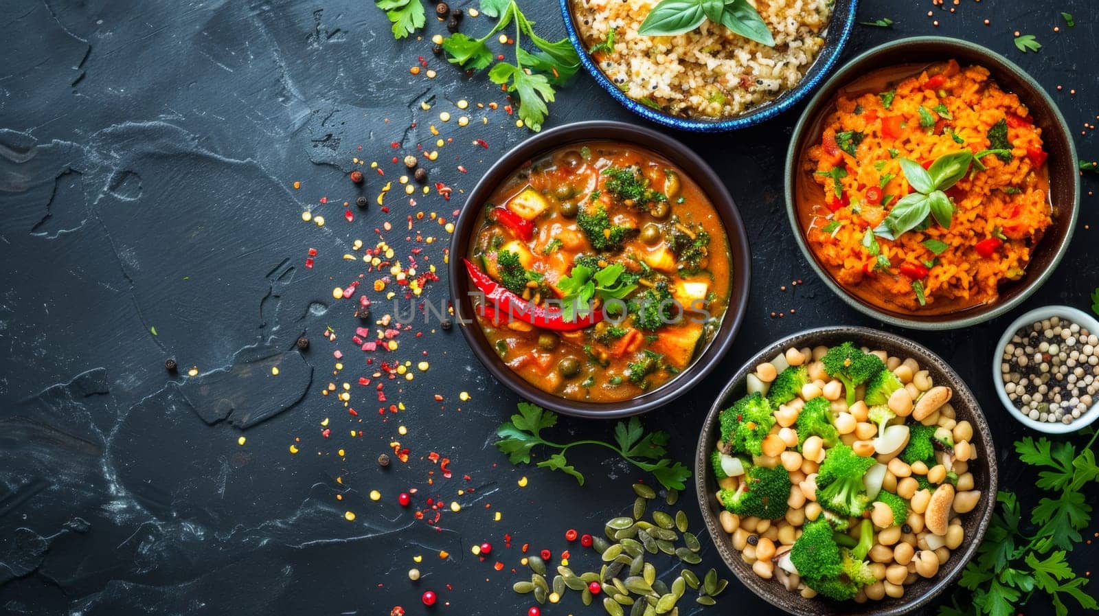 A group of bowls filled with different types of food on a table