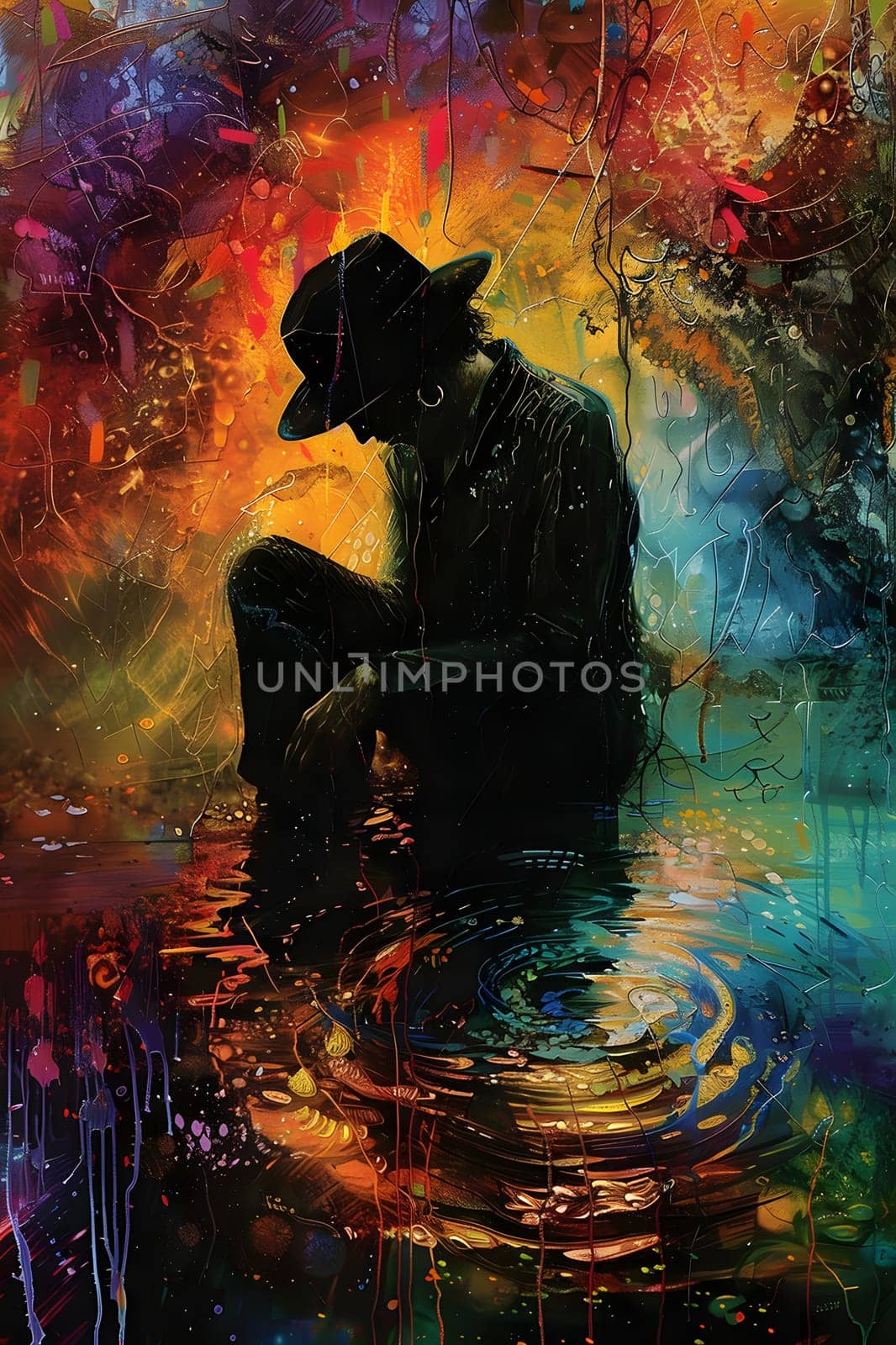 A man in a hat sitting in a puddle of water, captured in a stunning painting by Nadtochiy