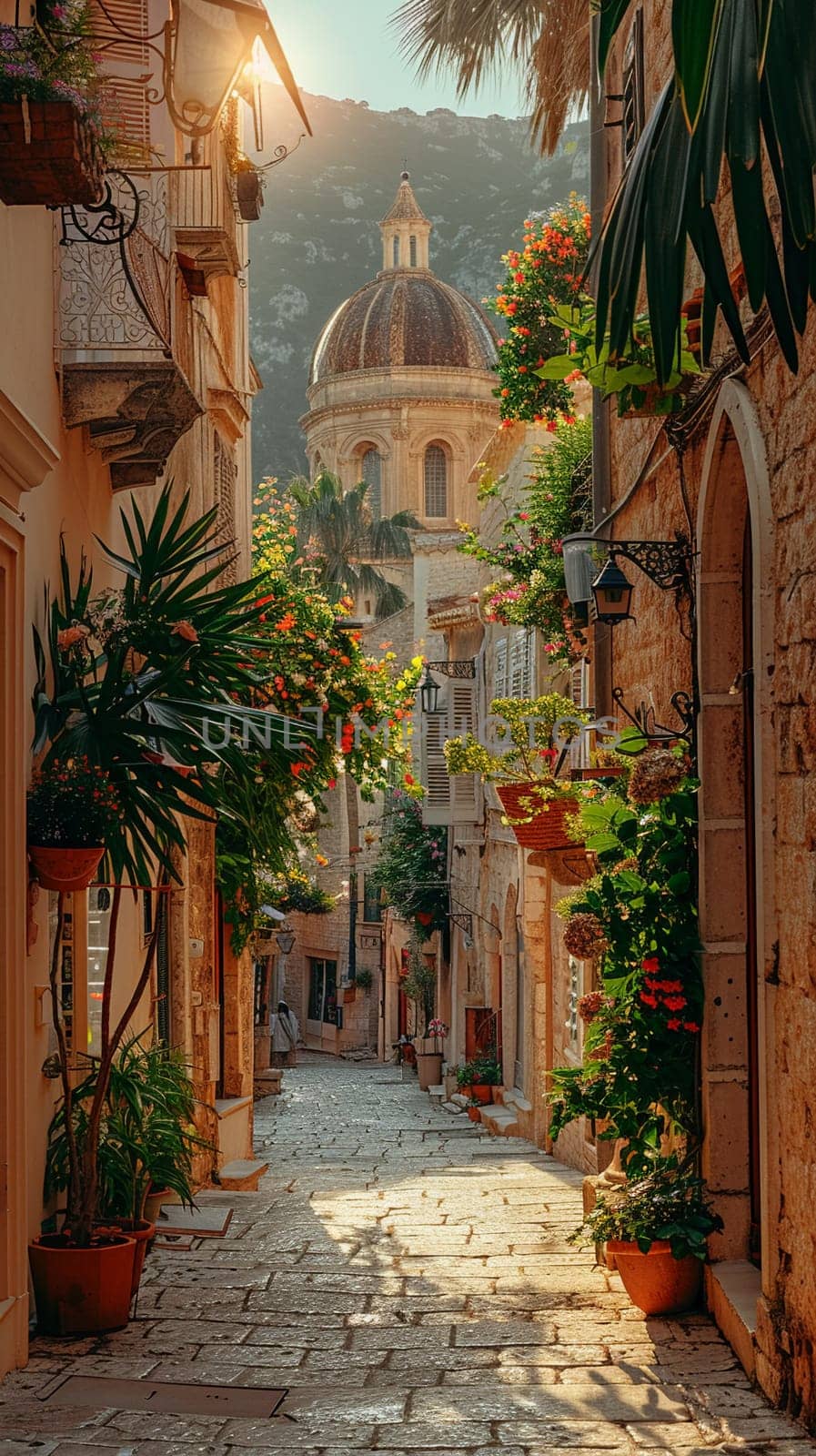 A narrow alley bathed in warm sunlight flanked by historic buildings by Benzoix