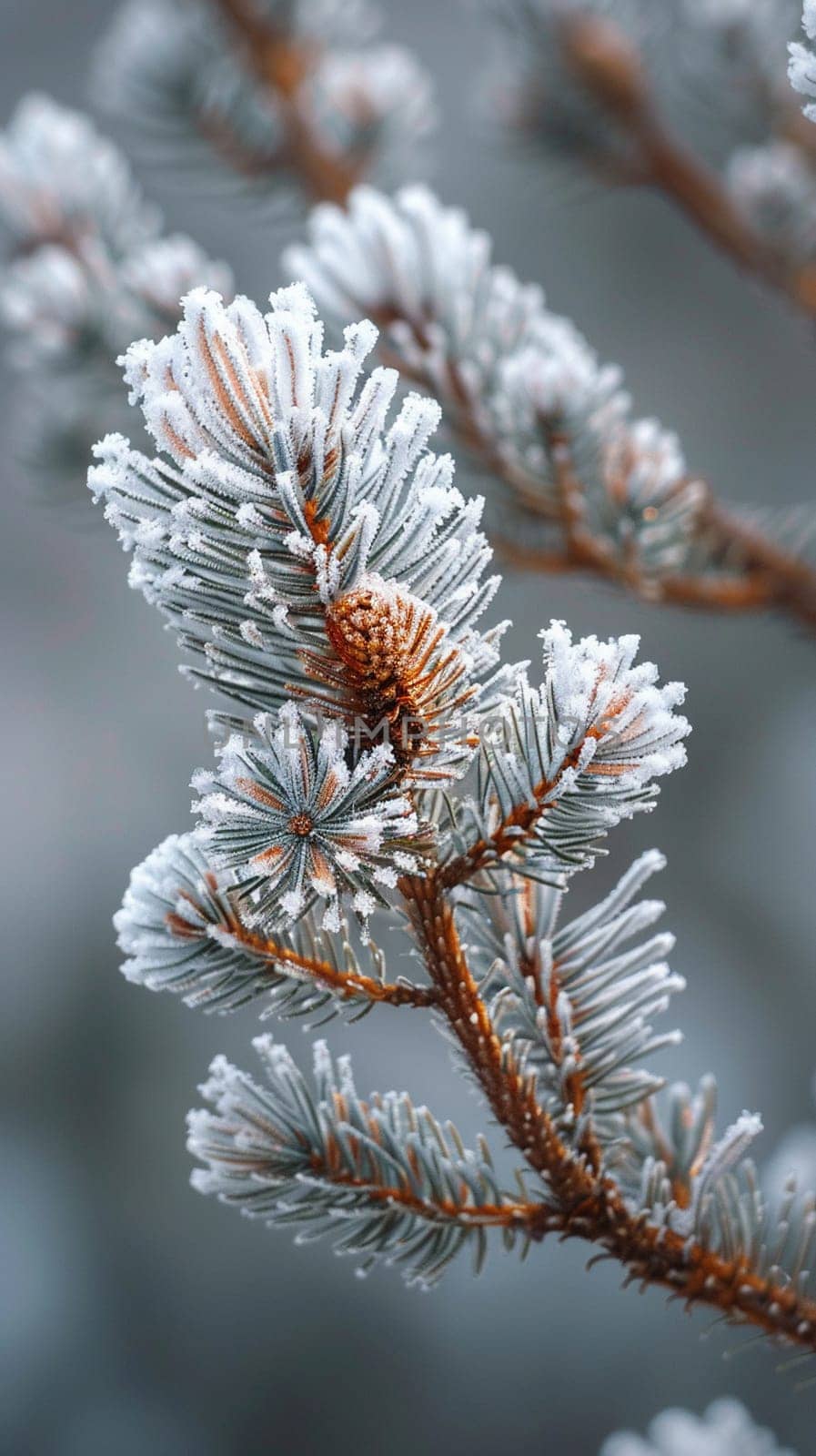 Freshly fallen snow on a pine branch, representing winter's purity and calm.