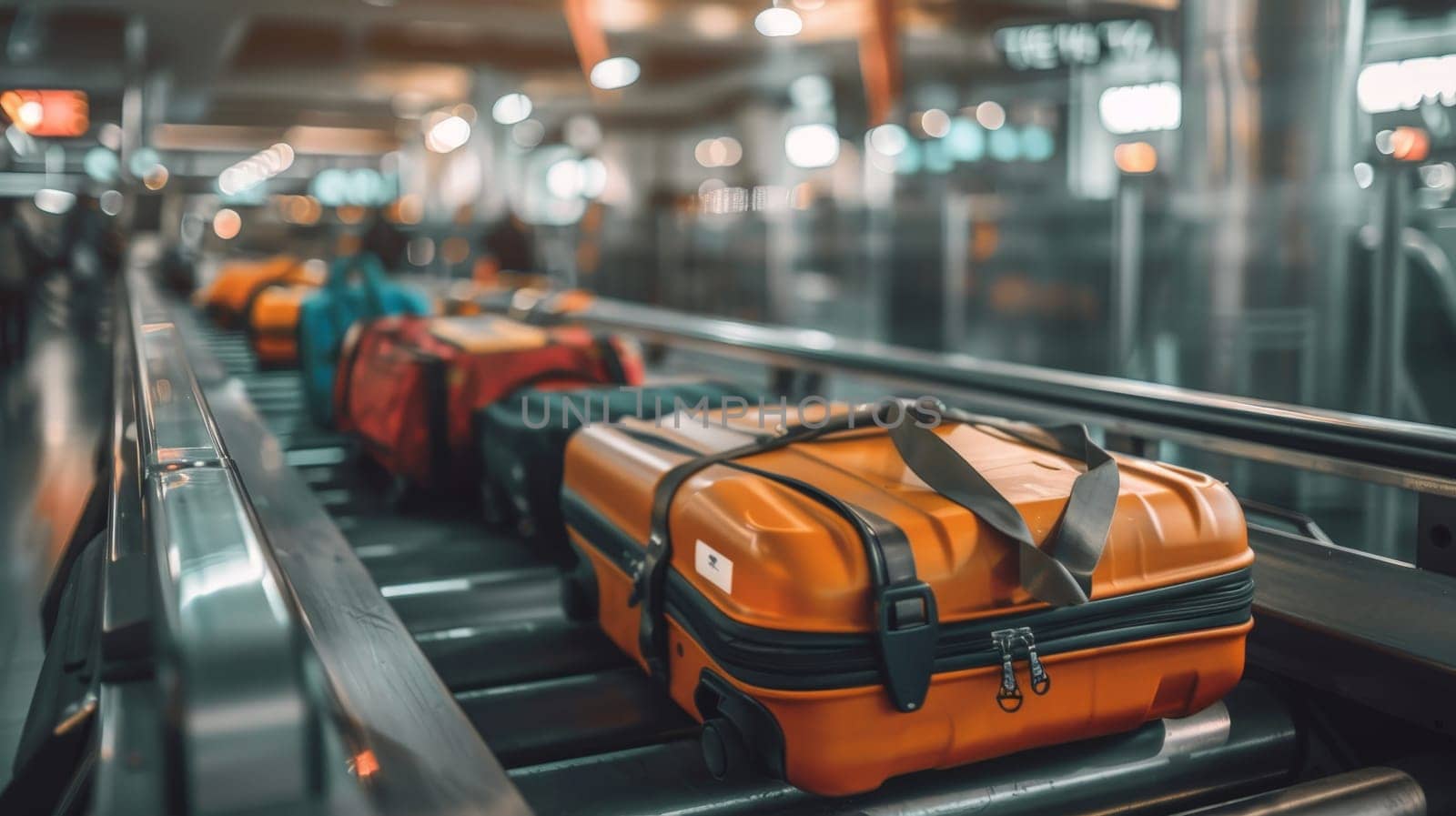 Luggage on a conveyor belt at airport baggage claim, Generative AI.