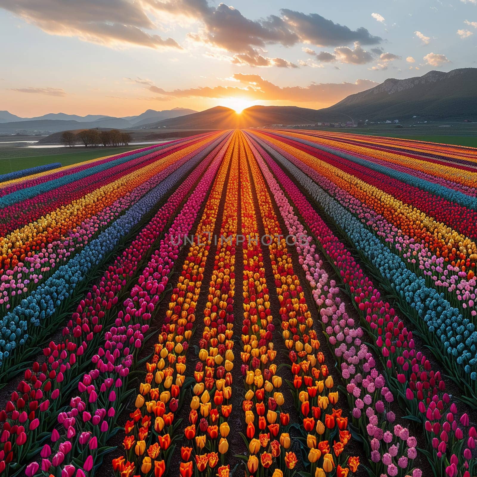 A vibrant tapestry of tulip fields from above, displaying nature's colors in full bloom.