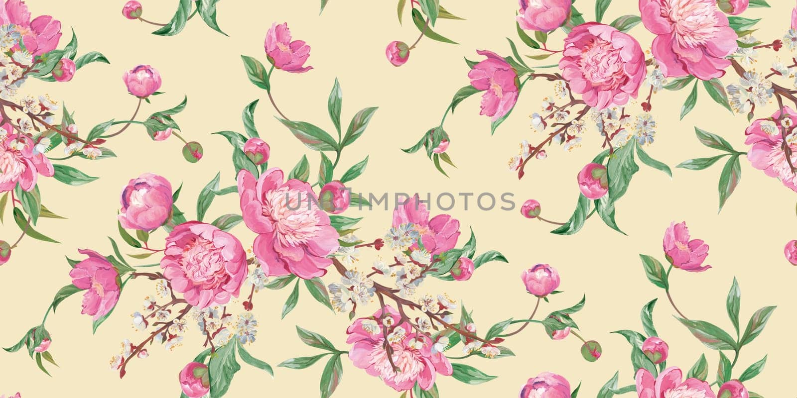 Seamless Asian realistic pattern drawn with pink peonies in a classic oriental style for textile