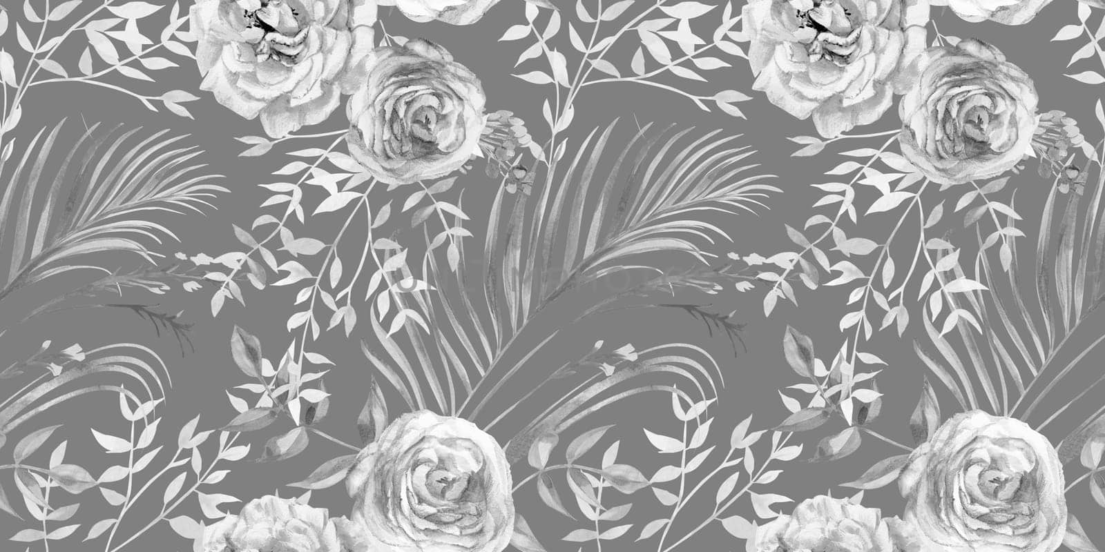 Black and white monochrome pattern with roses and branches for textile by MarinaVoyush