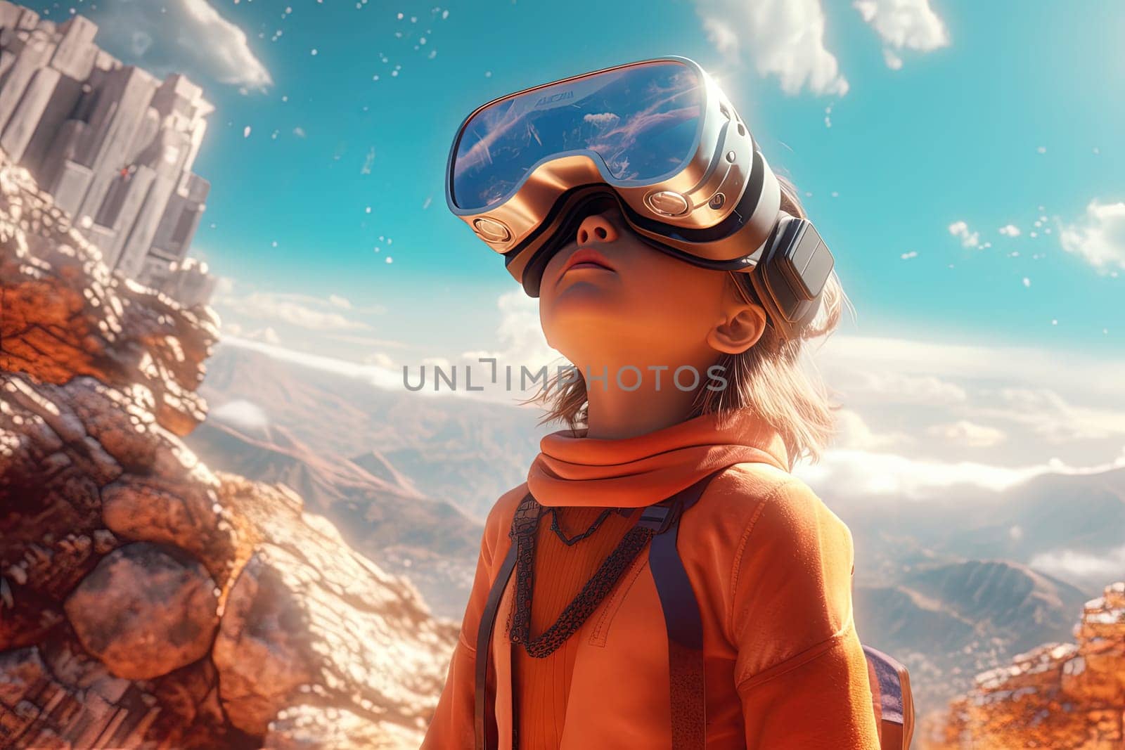 VR goggles technology concept with wearable glasses device. Virtual reality futuristic immersive experience. Generated AI