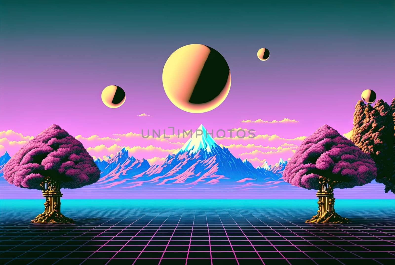Abstract vaporwave scene with golden ball on the landscape with mountains. 80s styled pink and blue surreal composition. Generated AI