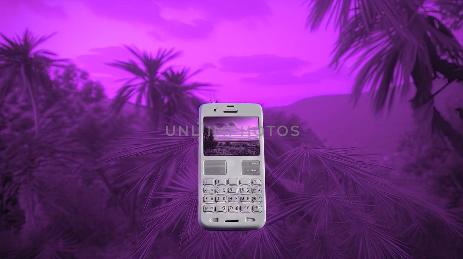 Vaporwave styled scene with retro calculator and palms in purple color. Generated AI. by SwillKch