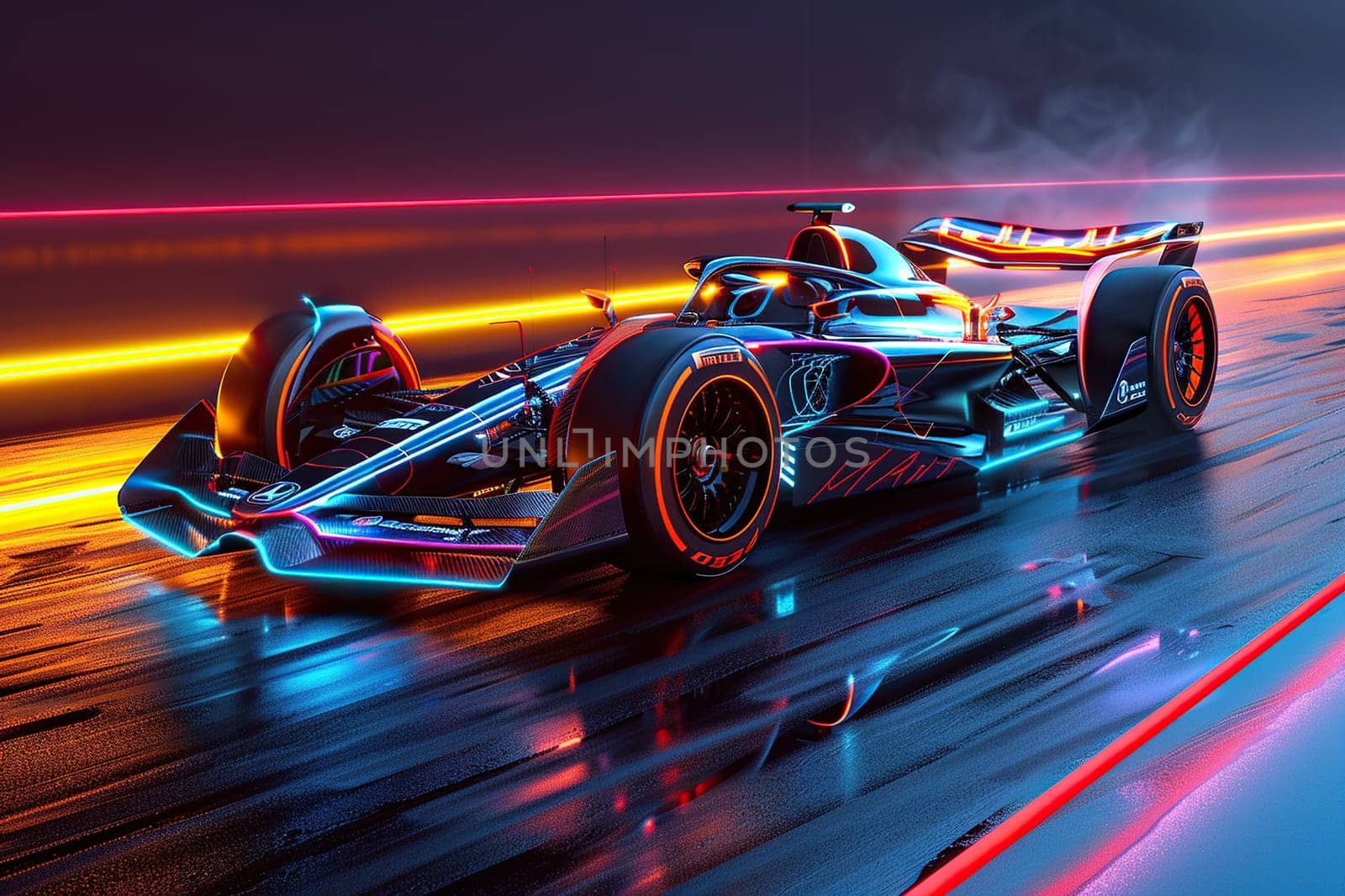 Racing car on the track in neon light with a motion effect. Concept of high speed, auto racing.
