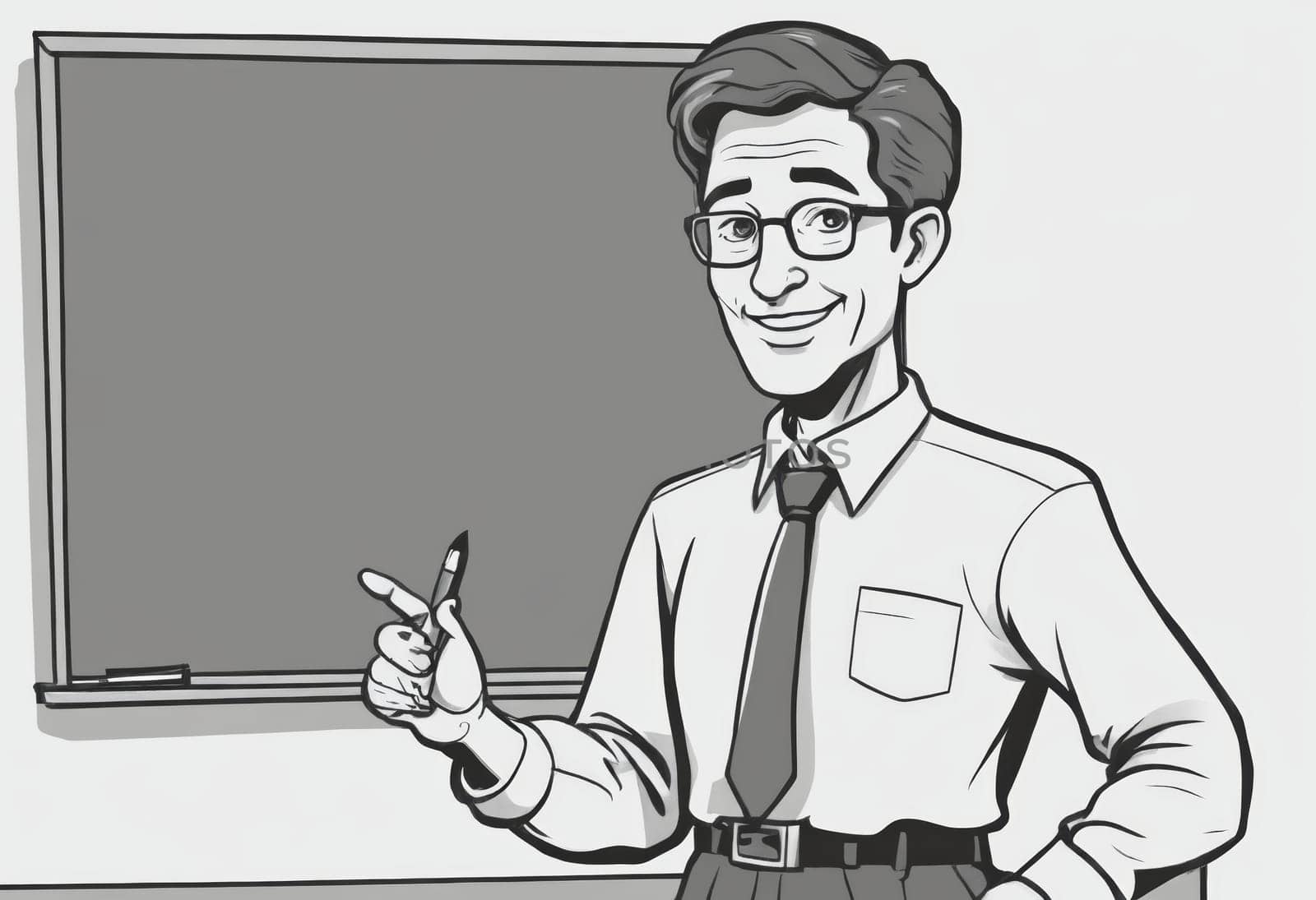 Suited individual lectures diligently at a desk, papers scattered, with a chalkboard backdrop signifying authority in education.