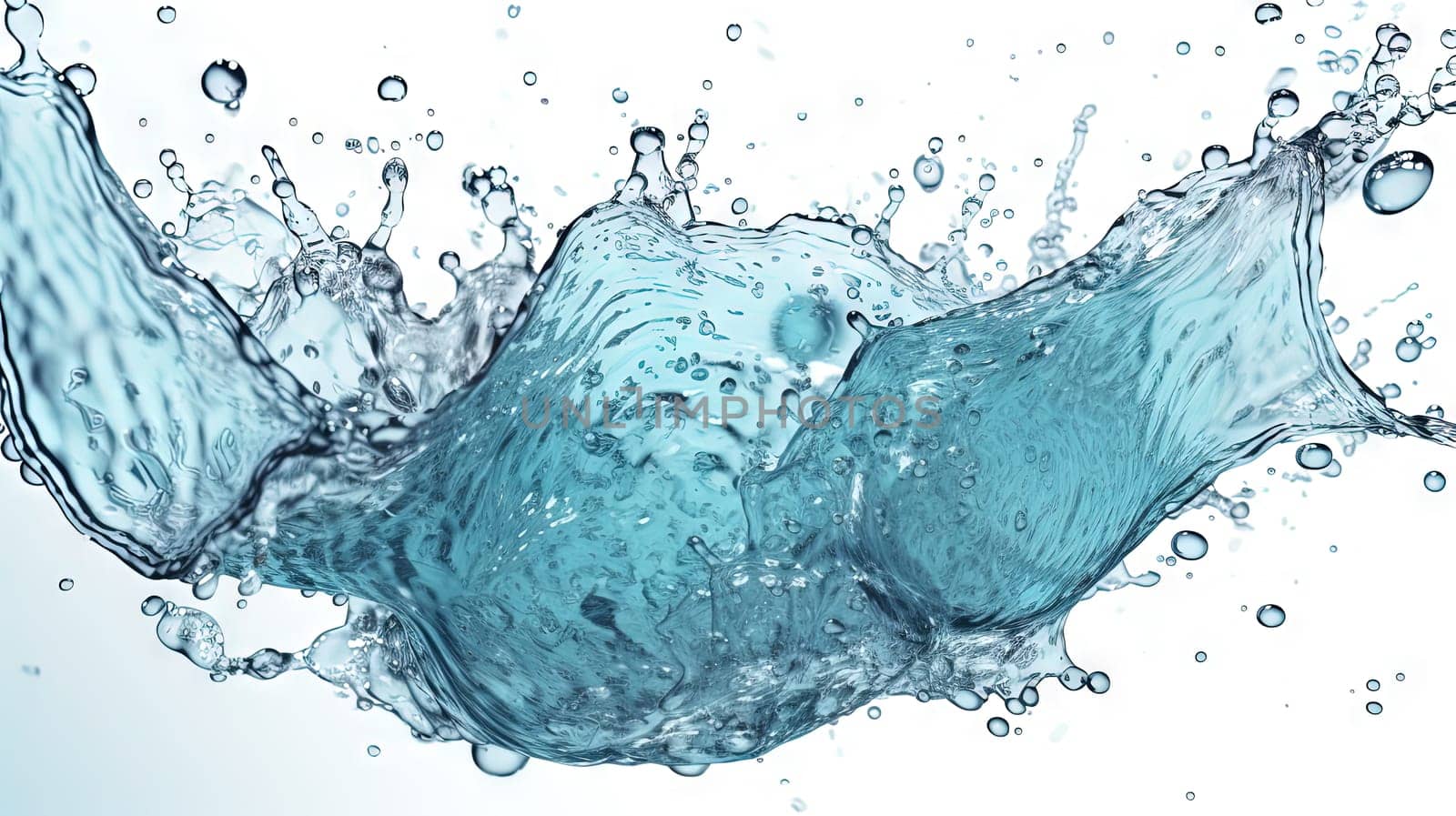 Blue water splash on white background. Liquid drips scattered. Generated AI