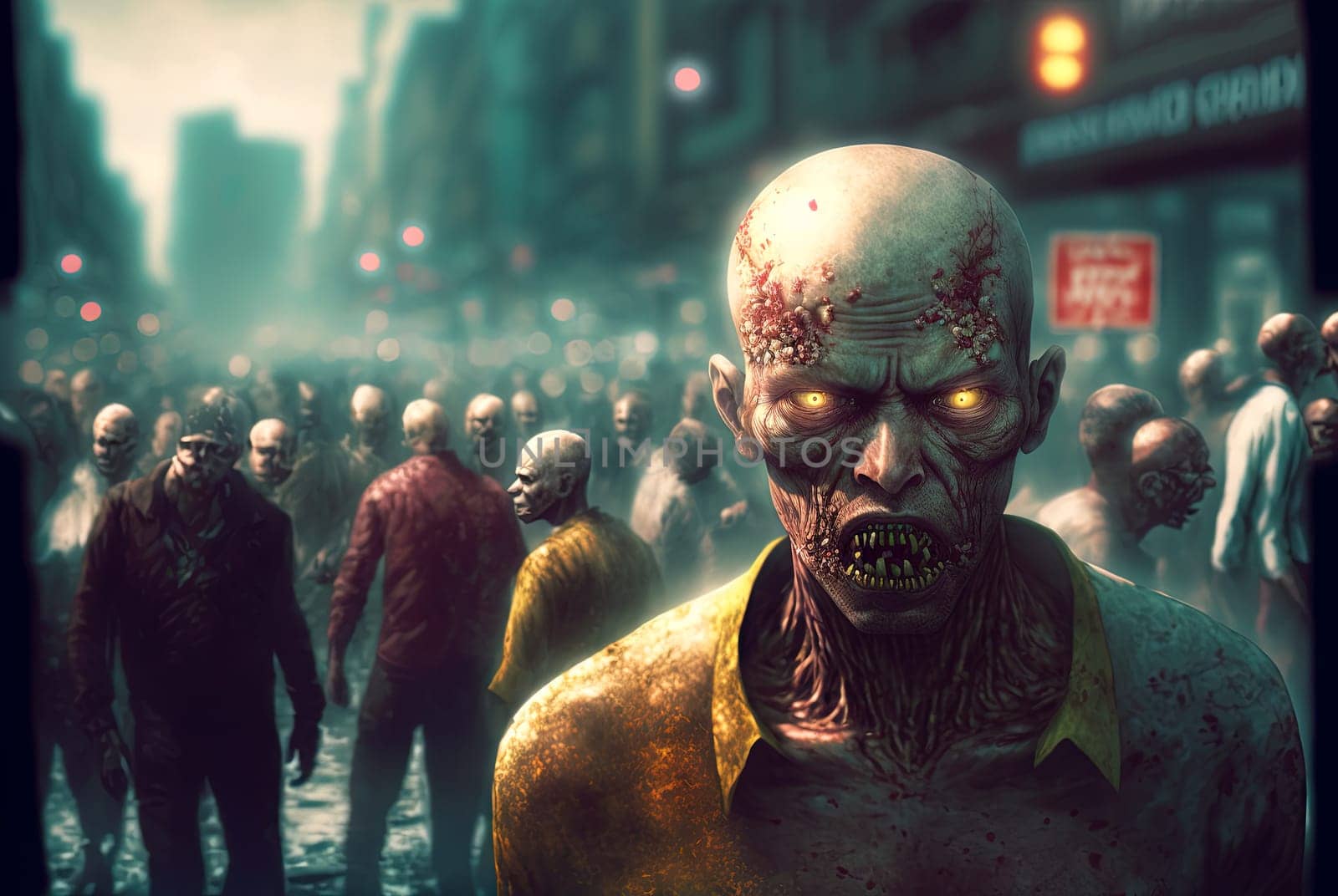 Zombies with scary faces in the crowd during the zombie apocalypse. Horror theme for Halloween or game party ad. Generated AI