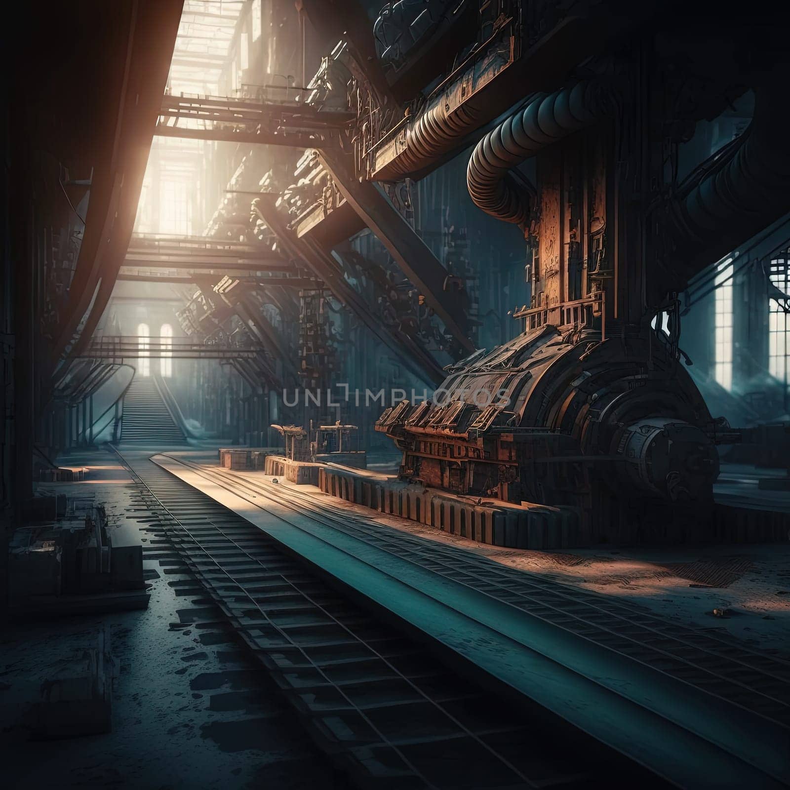 Abandoned industrial interior with old rusty machines. Creepy and dirty technology background. Generative AI illustration