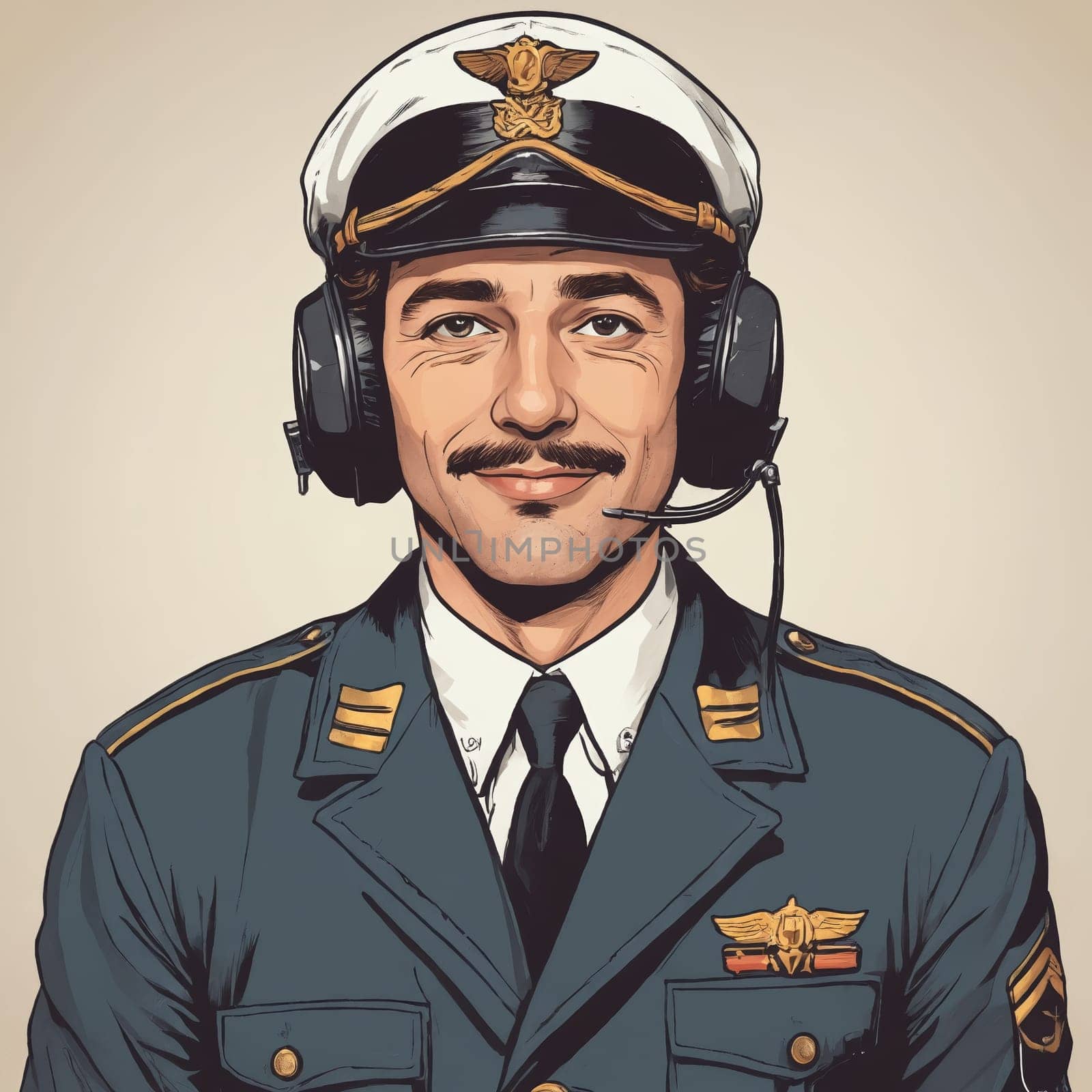 Sophisticated Airline Pilot in Uniform with Communication Headphones by Andre1ns