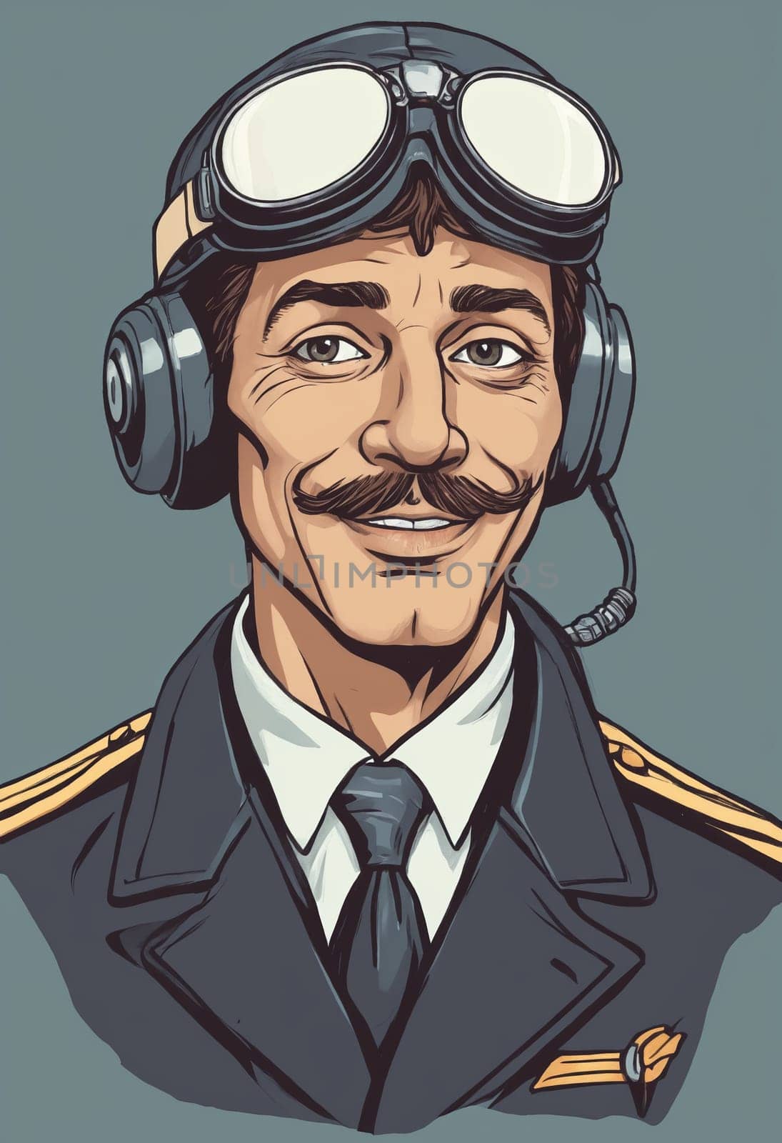 Aviator in uniform featuring badge and epaulettes, ready for commanding a flight.