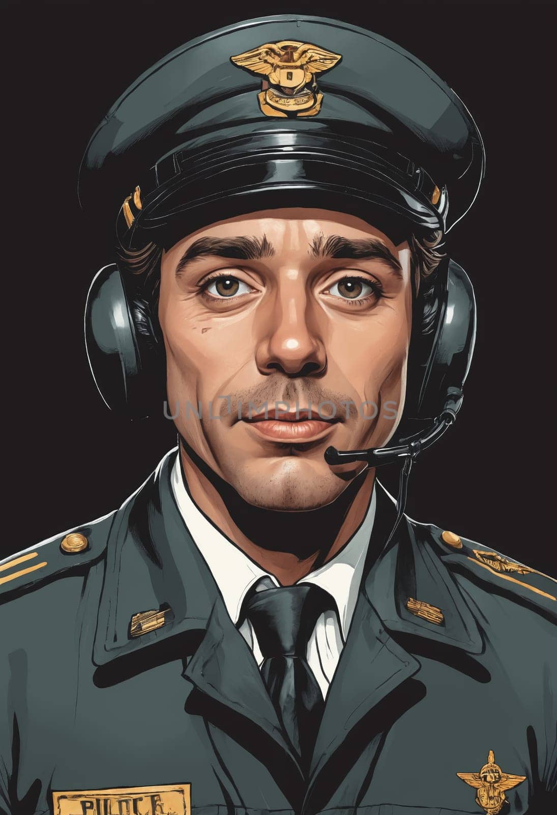 Professional pilot's portrayal, complete with aviation headphones and badge.