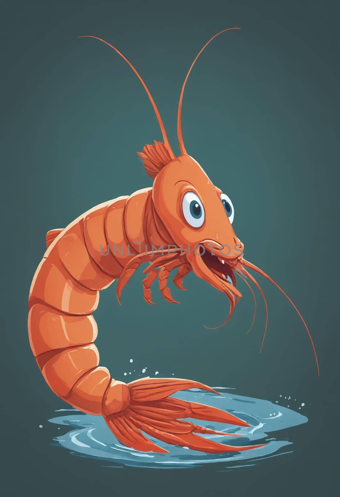 Delightful animated shrimp with a charming smile exploring the deep blue.
