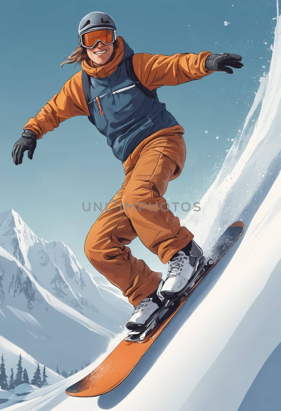 Snowboarder in blue and orange gear executes a dynamic turn on the slope.