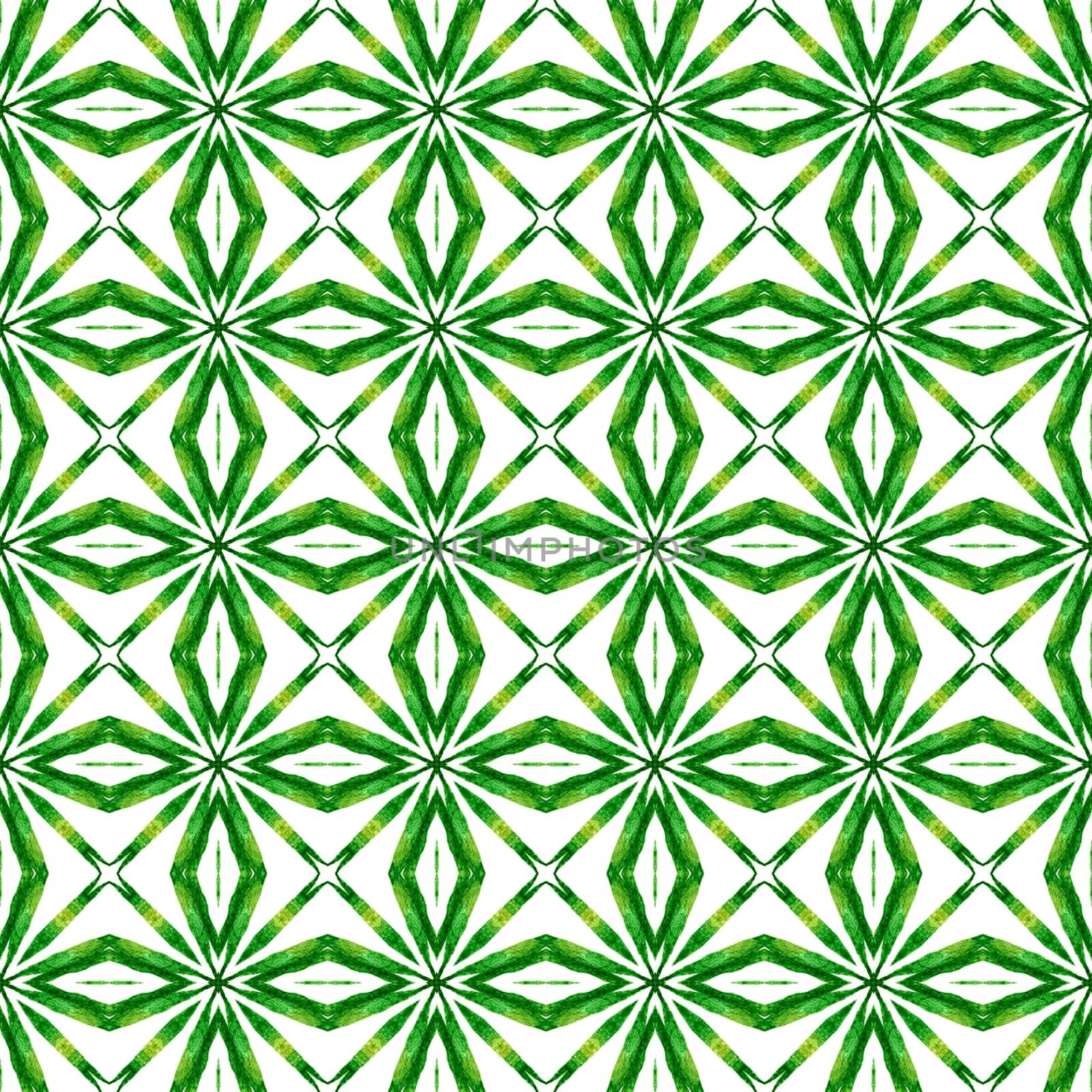 Textile ready fantastic print, swimwear fabric, wallpaper, wrapping. Green authentic boho chic summer design. Watercolor medallion seamless border. Medallion seamless pattern.