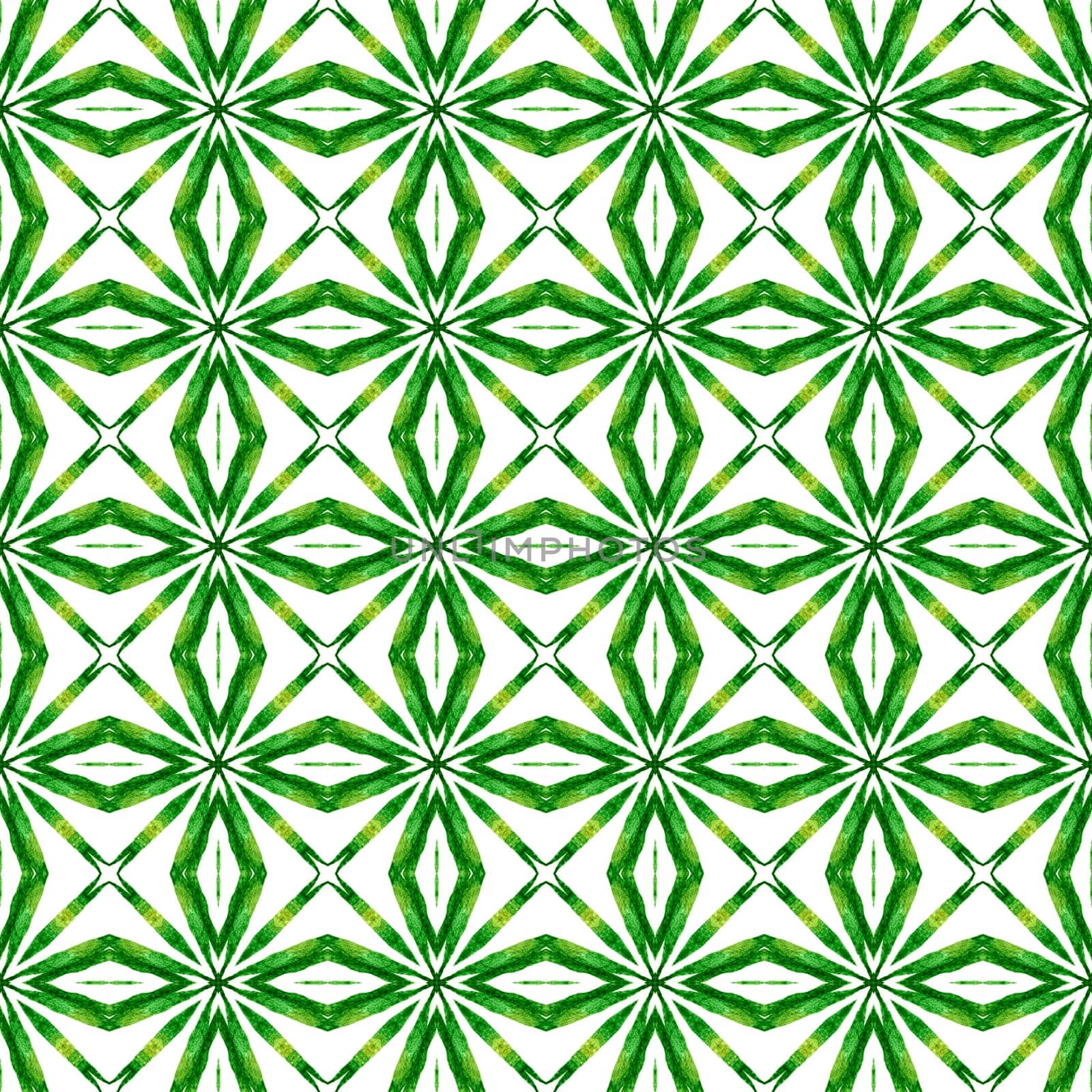 Textile ready fantastic print, swimwear fabric, wallpaper, wrapping. Green authentic boho chic summer design. Watercolor medallion seamless border. Medallion seamless pattern.