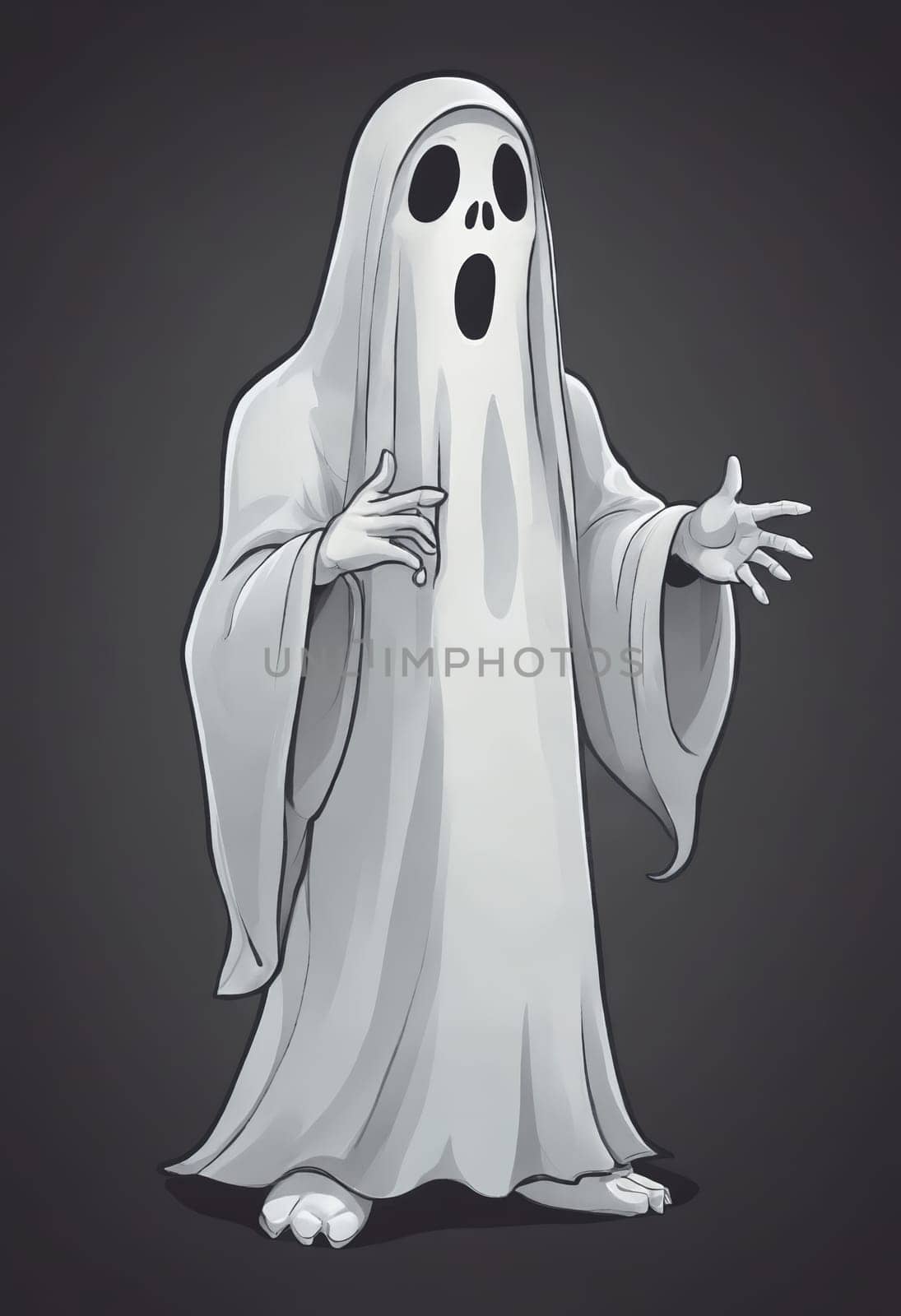 Playful yet scared ghost cartoon with a strong contrast against a dark background.