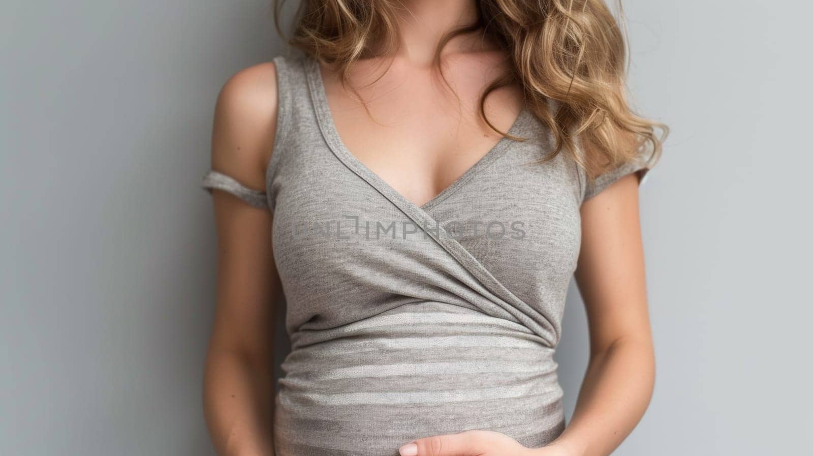 A pregnant woman in a gray shirt holding her stomach, AI by starush