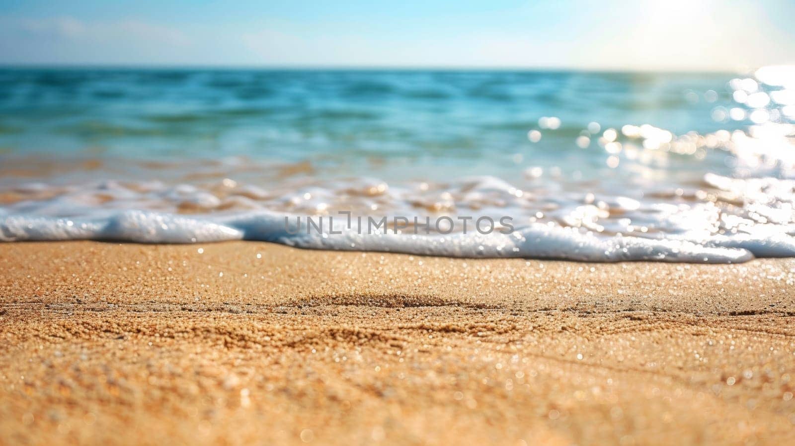 A beach with waves and sand on a sunny day, AI by starush