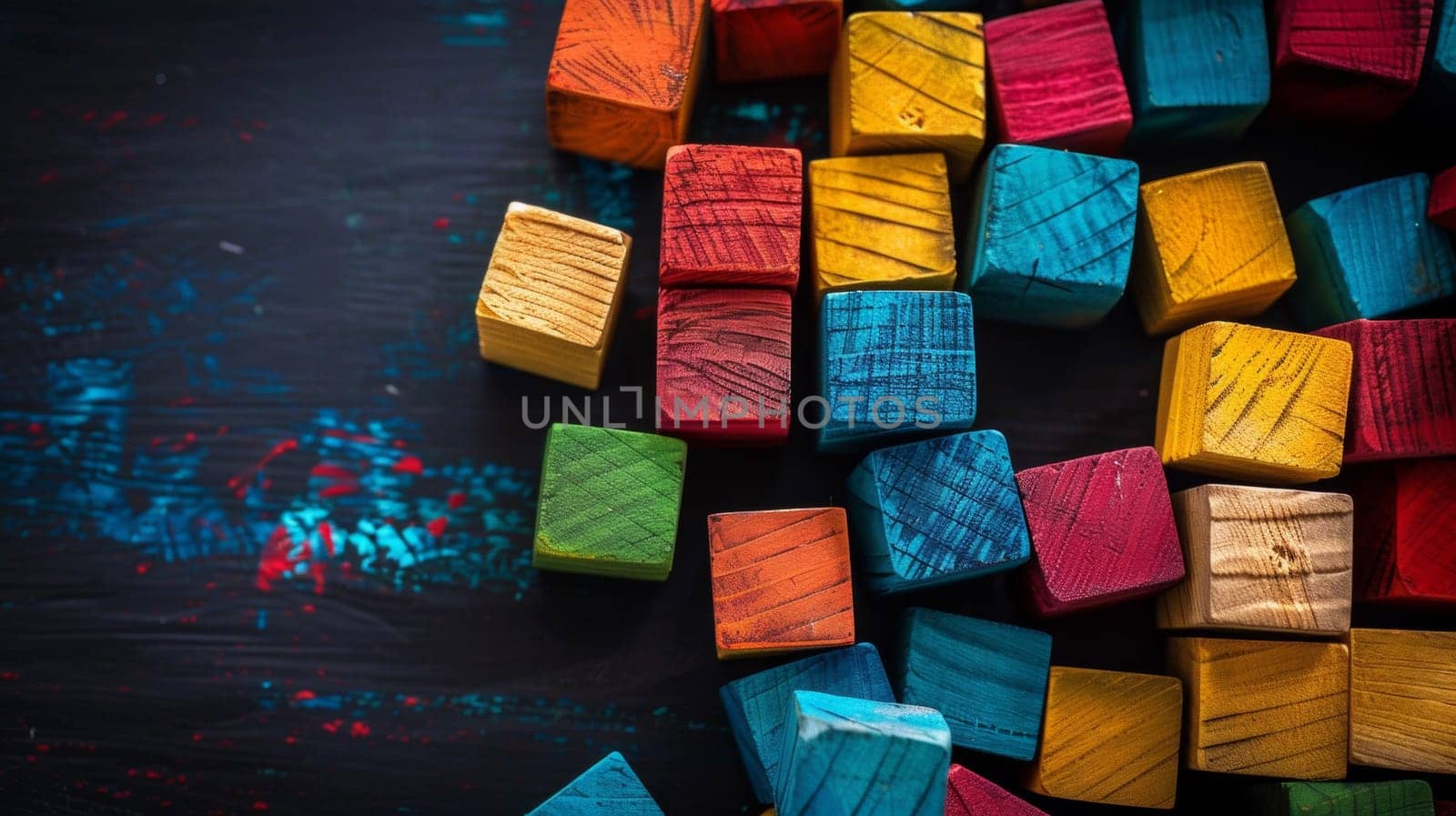 A close up of a pile of colorful wooden blocks on top of each other