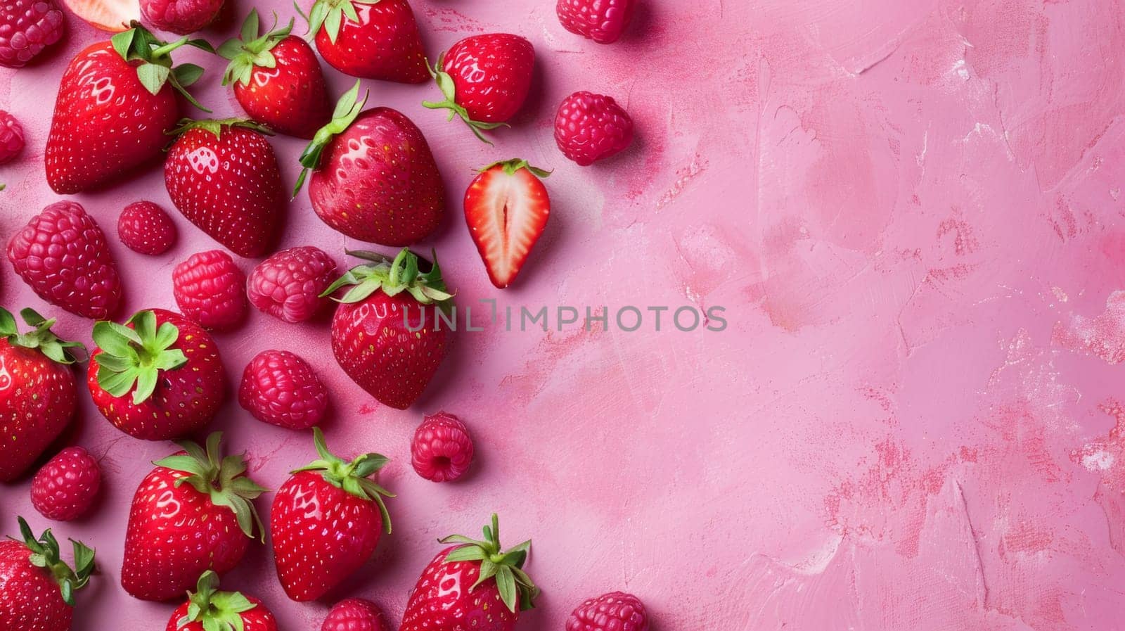 A bunch of strawberries and raspberries on a pink background