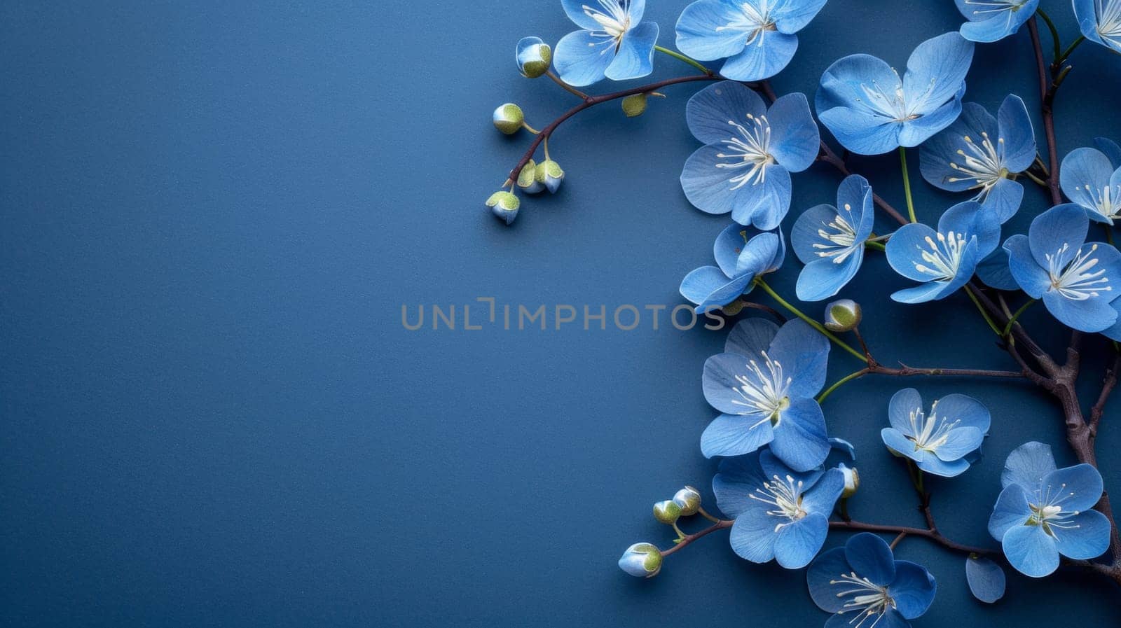 A close up of a blue flower with white buds on it